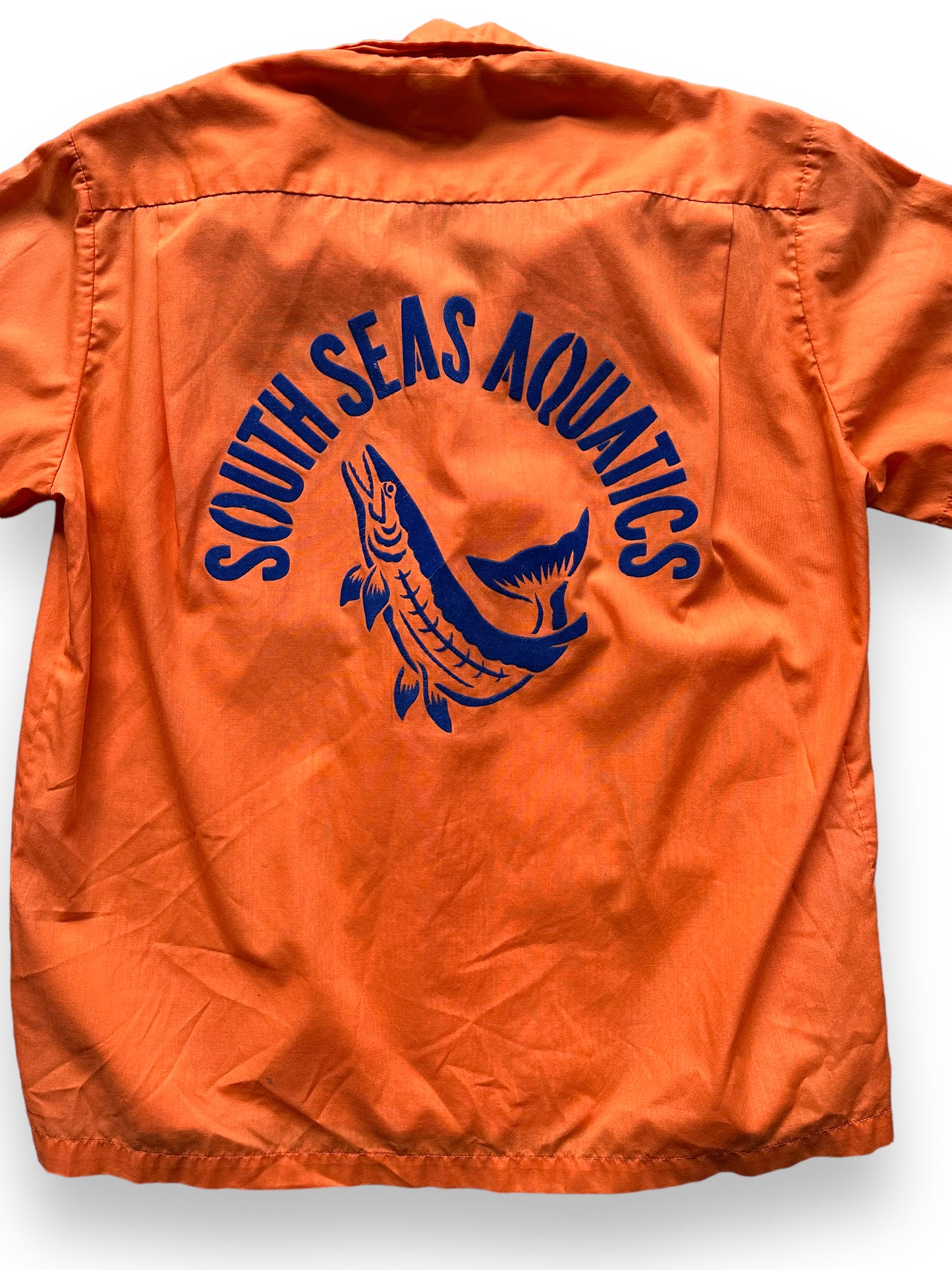 back close up of Vintage South Seas Aquatics Flocked Ladies Bowling Shirt SZ L | Vintage Bowling Shirt Seattle | Barn Owl Vintage Seattle