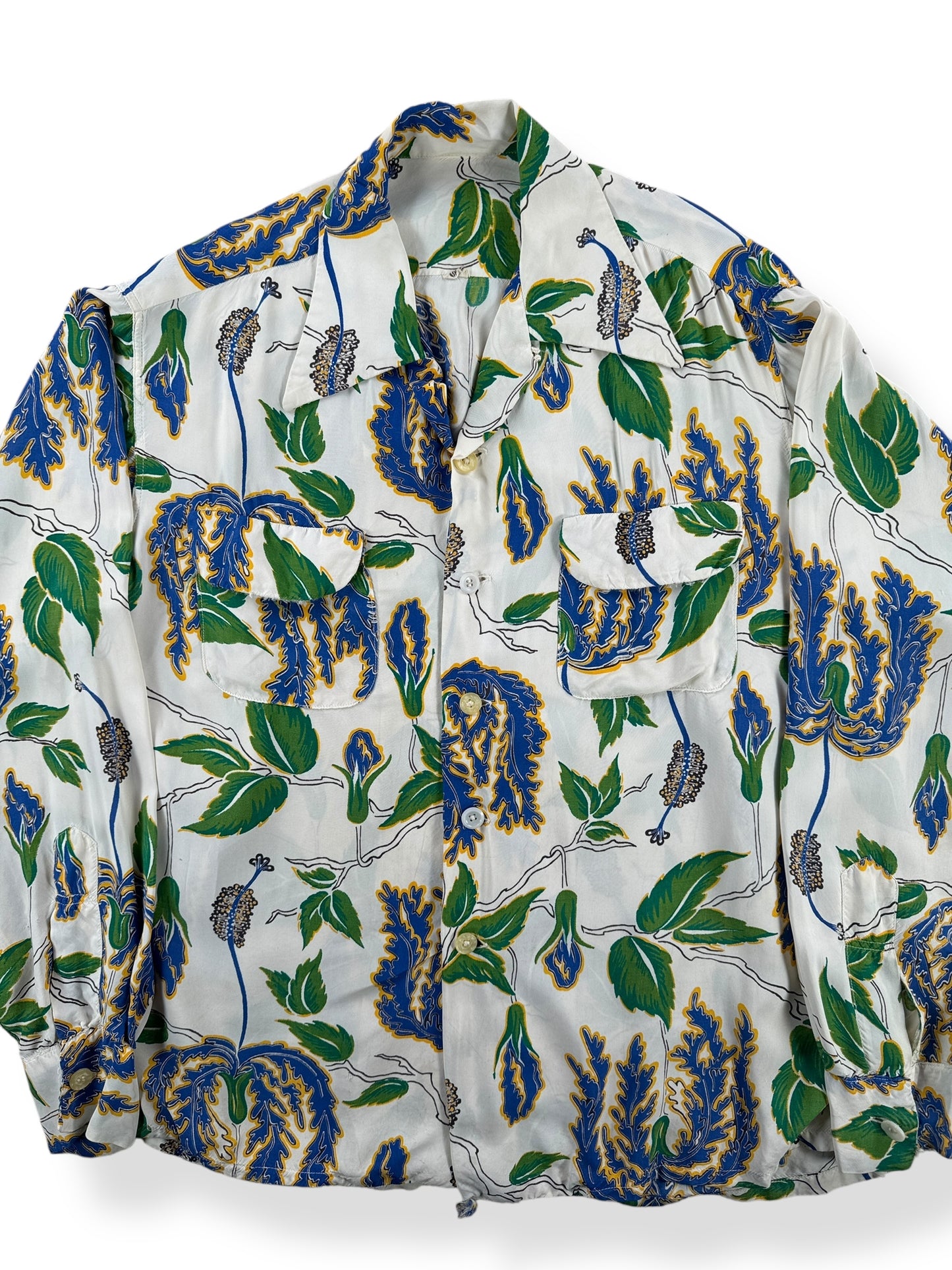 Front Close Up of Vintage Long Sleeve Rayon Aloha Shirt SZ L