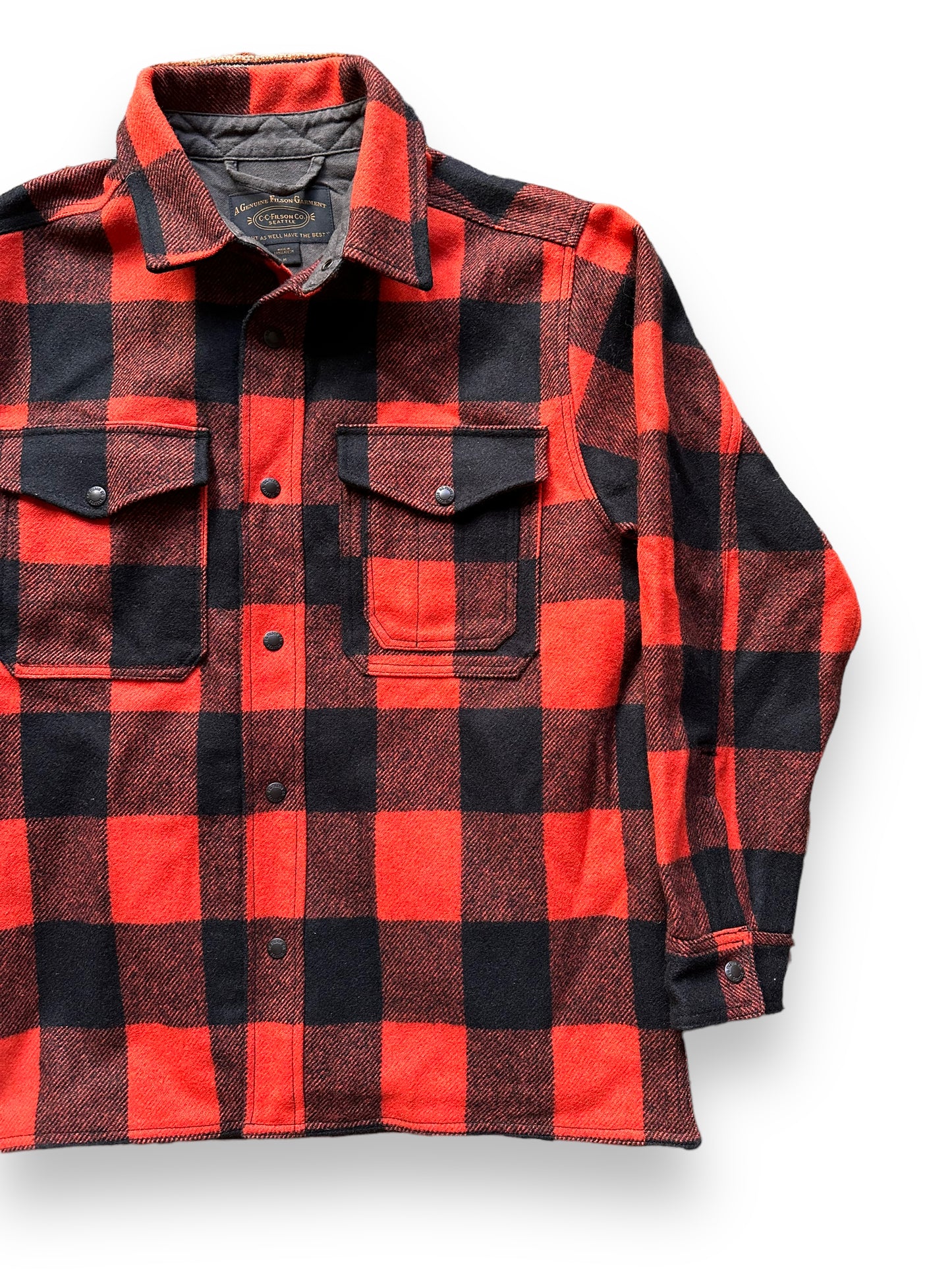 Front Left View of Filson Black Blaze Mackinaw Lined Jac Shirt SZ M | Barn Owl Vintage Goods | Vintage Filson Workwear Seattle