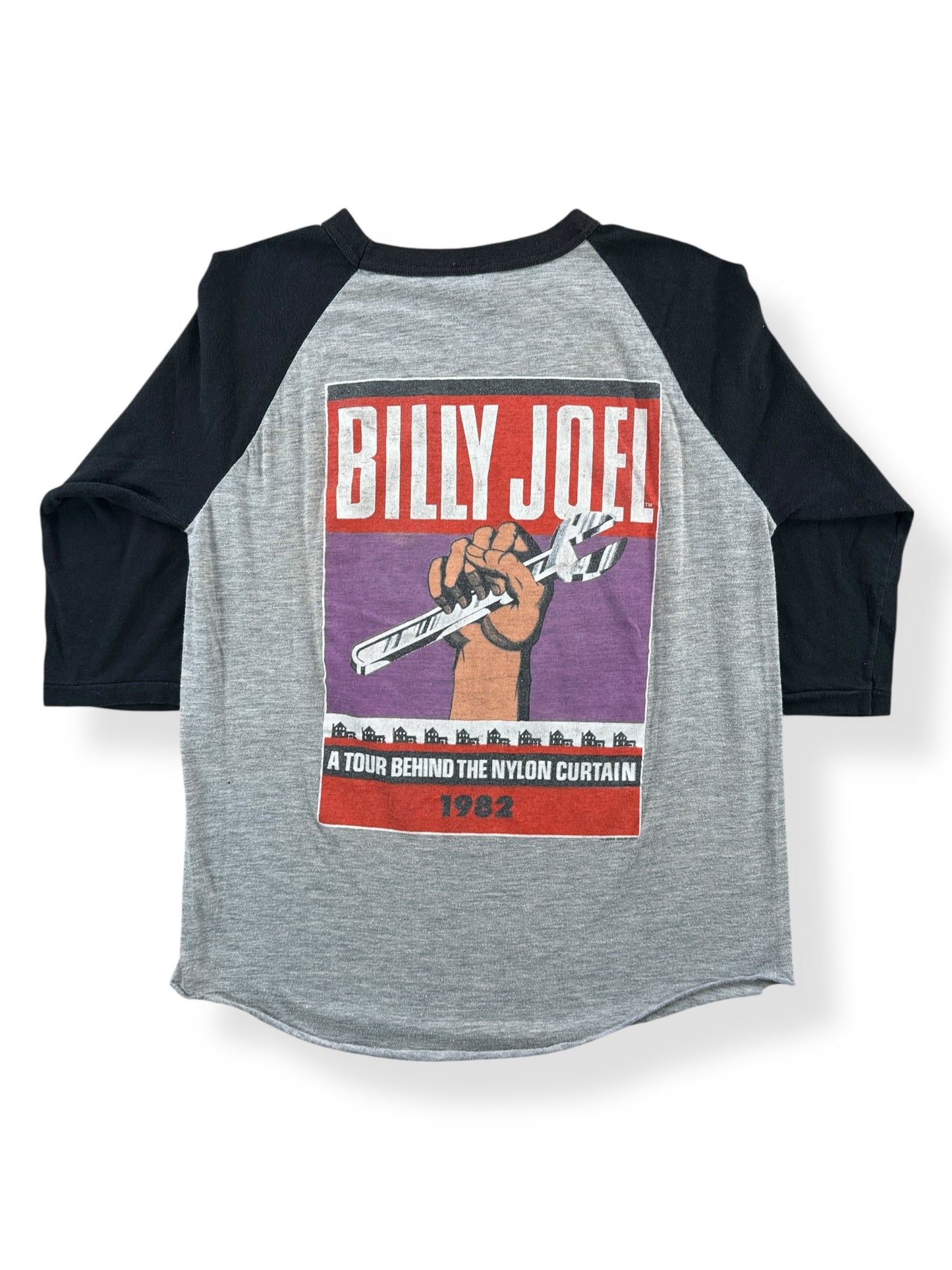 Back of Vintage Billy Joel Behind The Nylon Curtain Raglan 1982 Tour Tee SZ M