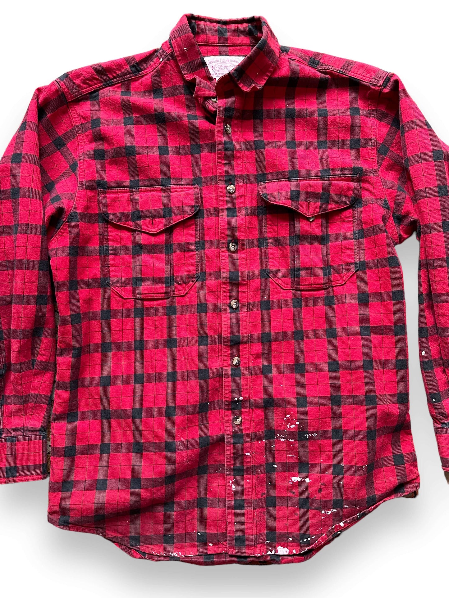 Front Detail on Paint Splattered Filson Black and Red Guide Shirt SZ M | Barn Owl Vintage Goods | Vintage Filson Workwear Seattle