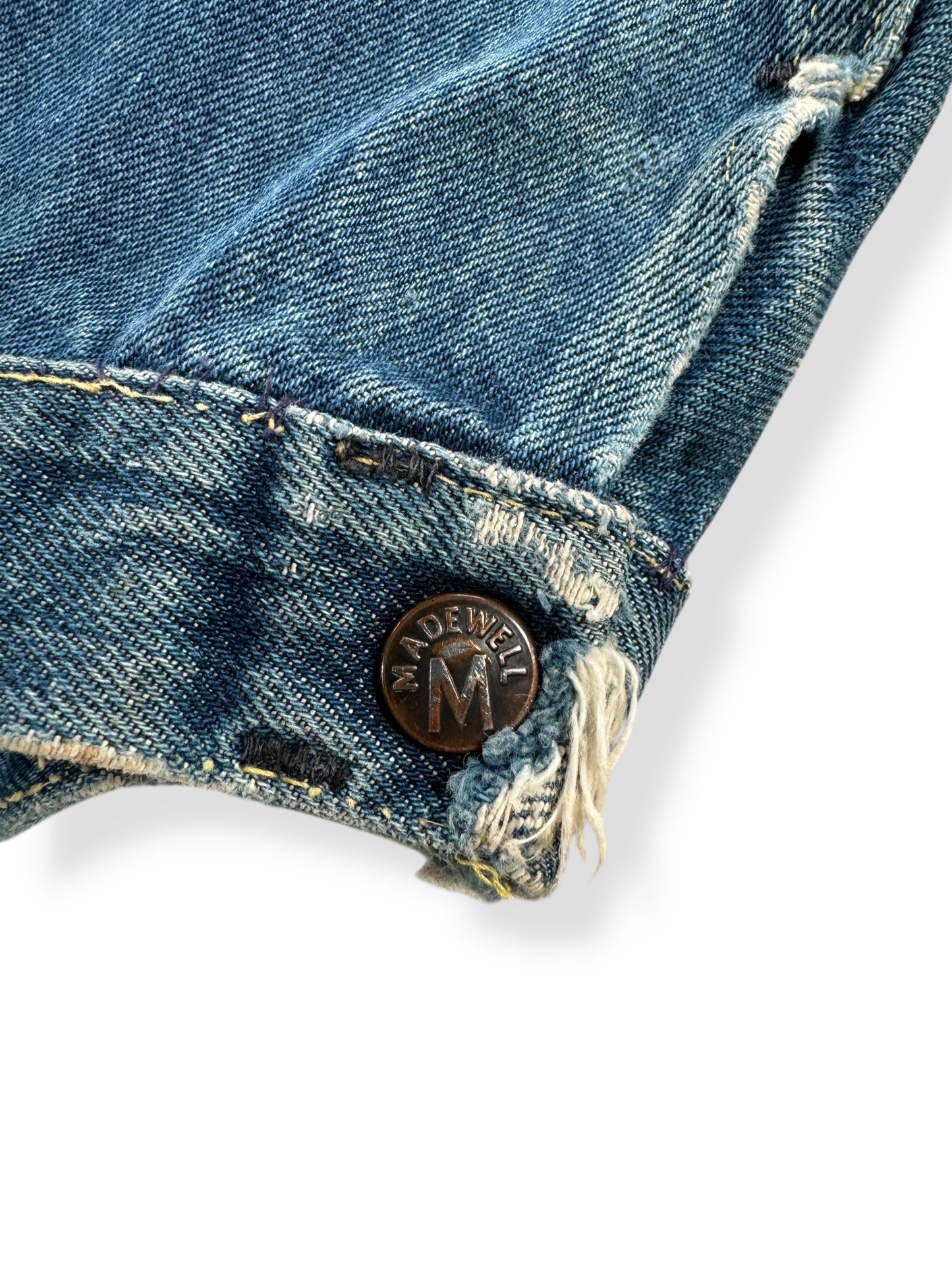 Cuff Button on Vintage Green Line Selvedge Madewell Denim Trucker Jacket SZ S