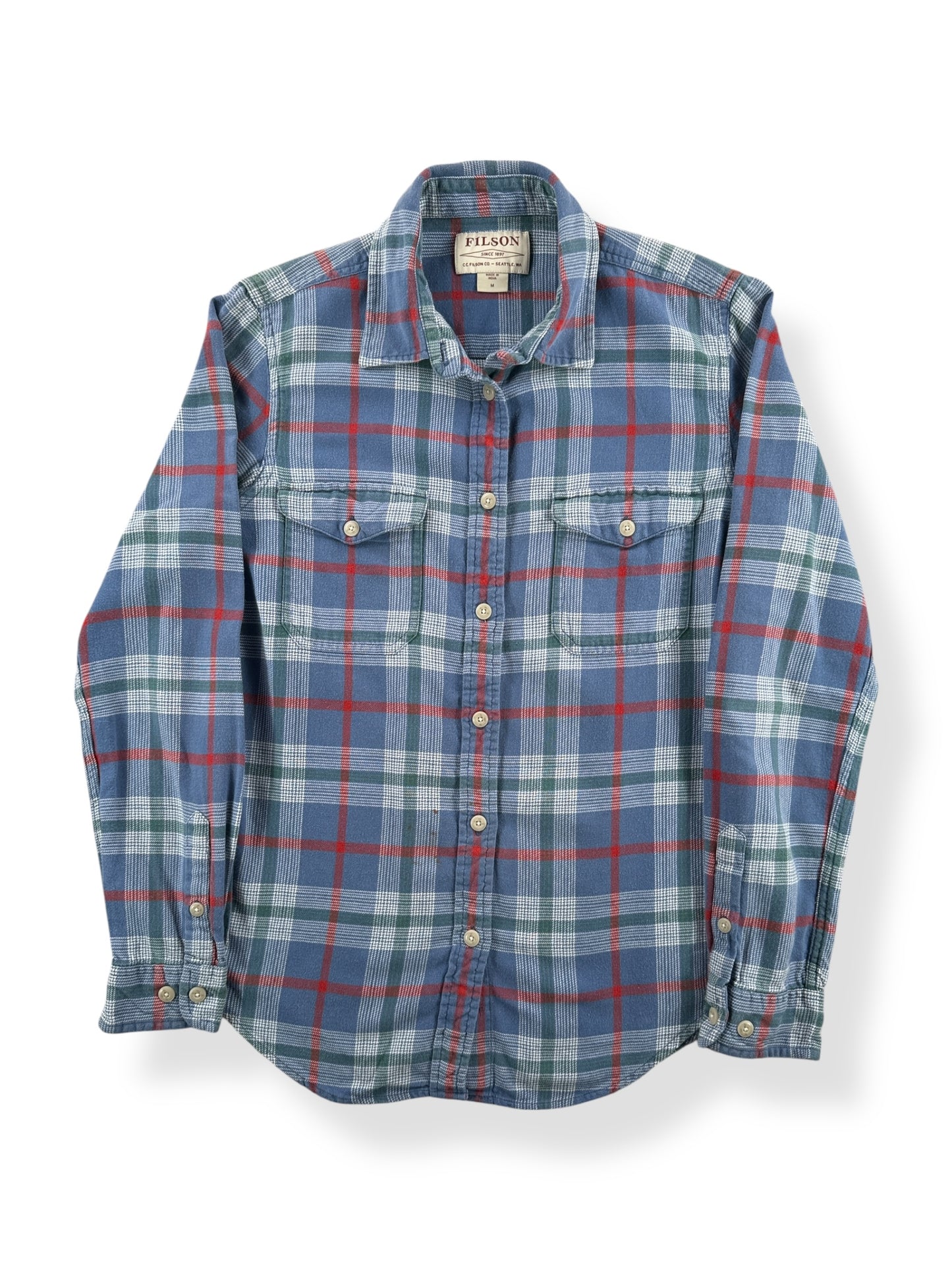 Front of Filson Women's Scout Blue Green Flannel Shirt SZ M