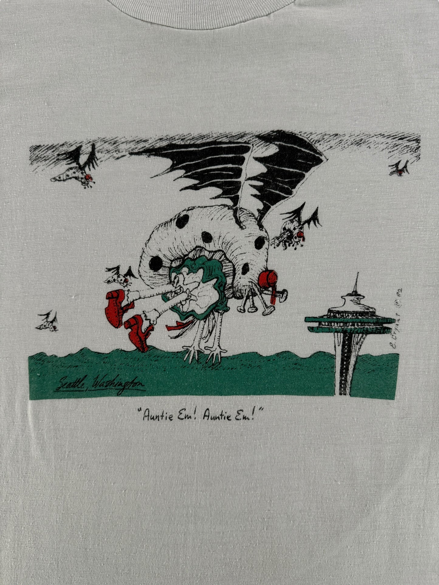 Front Graphic of Vintage Auntie Em Seattle Rain Humor Tee SZ S