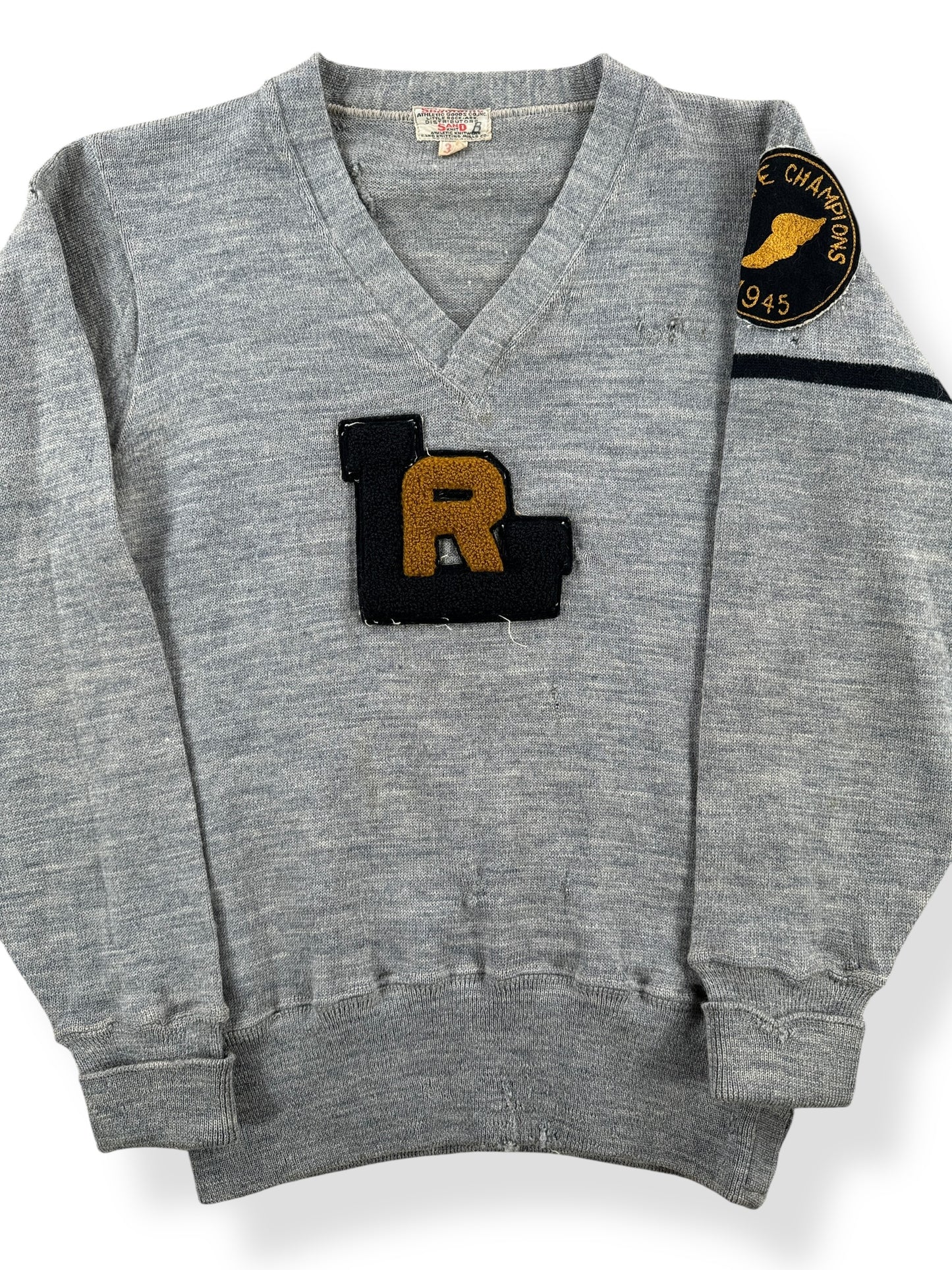 Front Close Up of Vintage 40s Era L.R. Varsity V Neck Sweater SZ XS