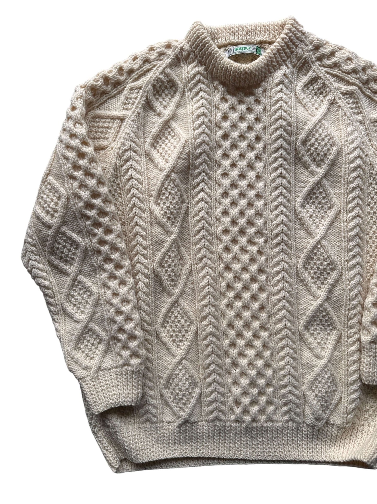 Front Right of Vintage Irisfree Cream Irish Cable Knit Fishermans Sweater SZ XL