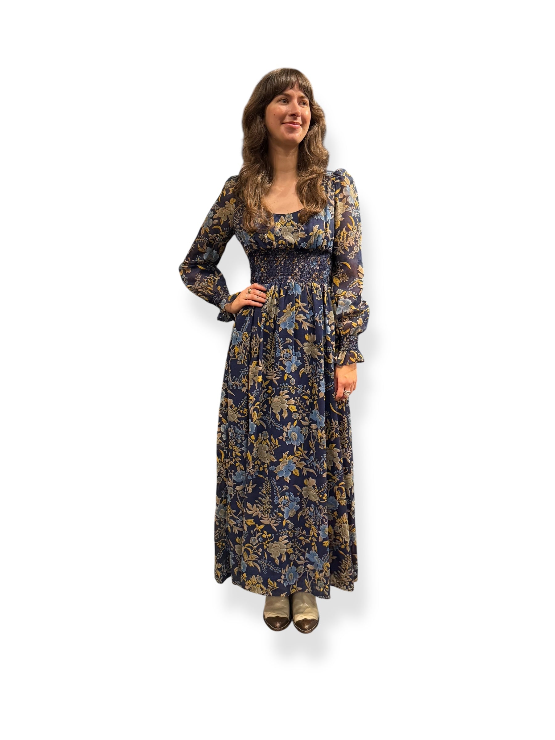 1970s Blue Floral Maxi Dress S 1970s Blue Floral Maxi Dress S