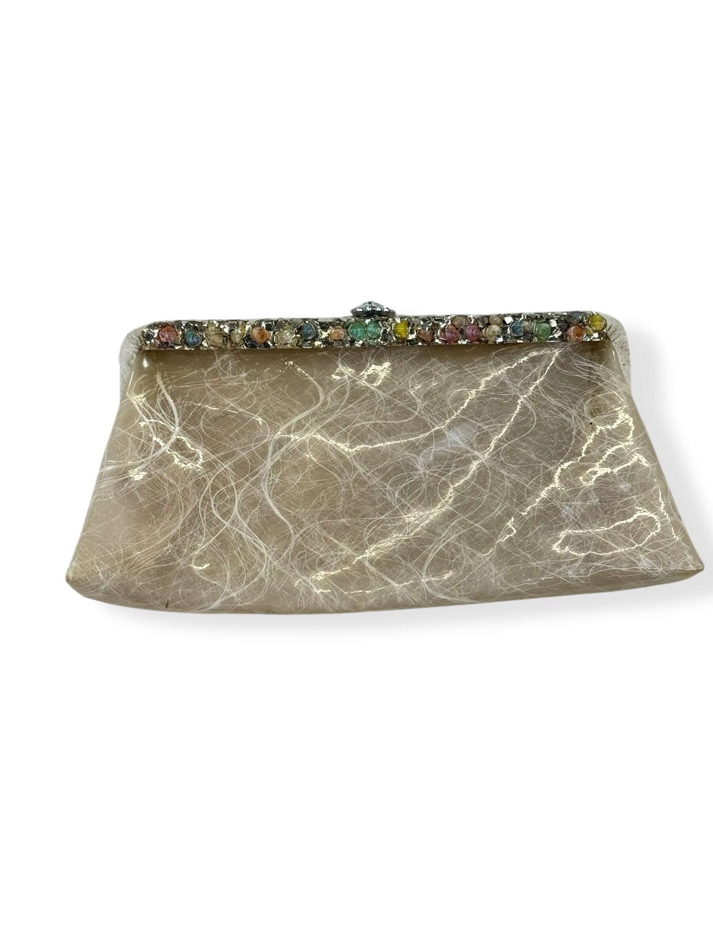 Side one of 1960s Vinyl Swirl Clutch w/ Lucite Shell Closure