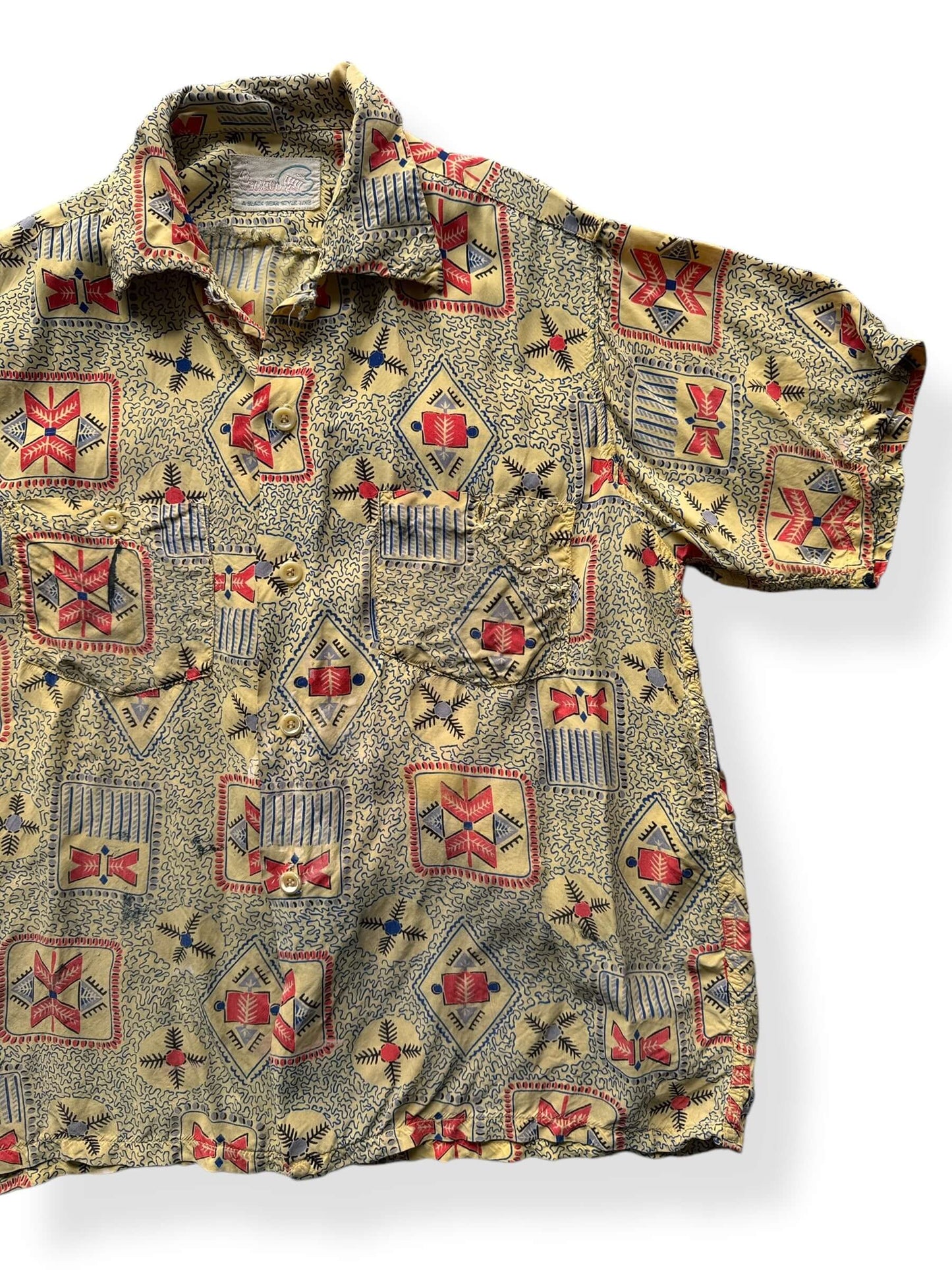 Front Left of Vintage Black Bear Corsair Aloha Shirt SZ M