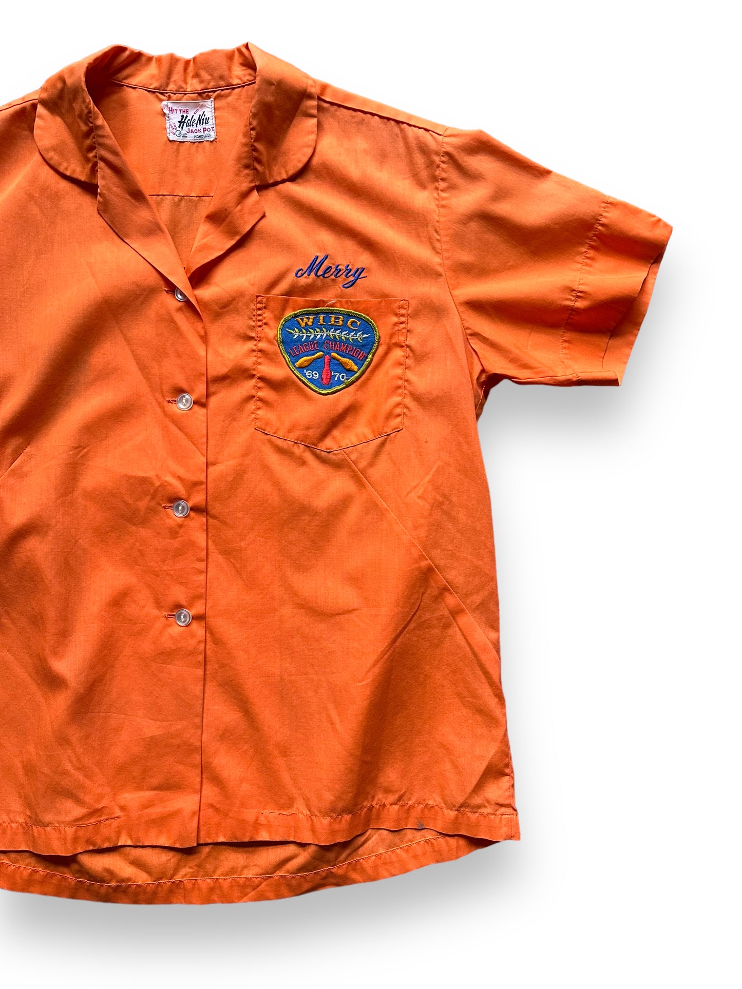 front left of Vintage South Seas Aquatics Flocked Ladies Bowling Shirt SZ L | Vintage Bowling Shirt Seattle | Barn Owl Vintage Seattle