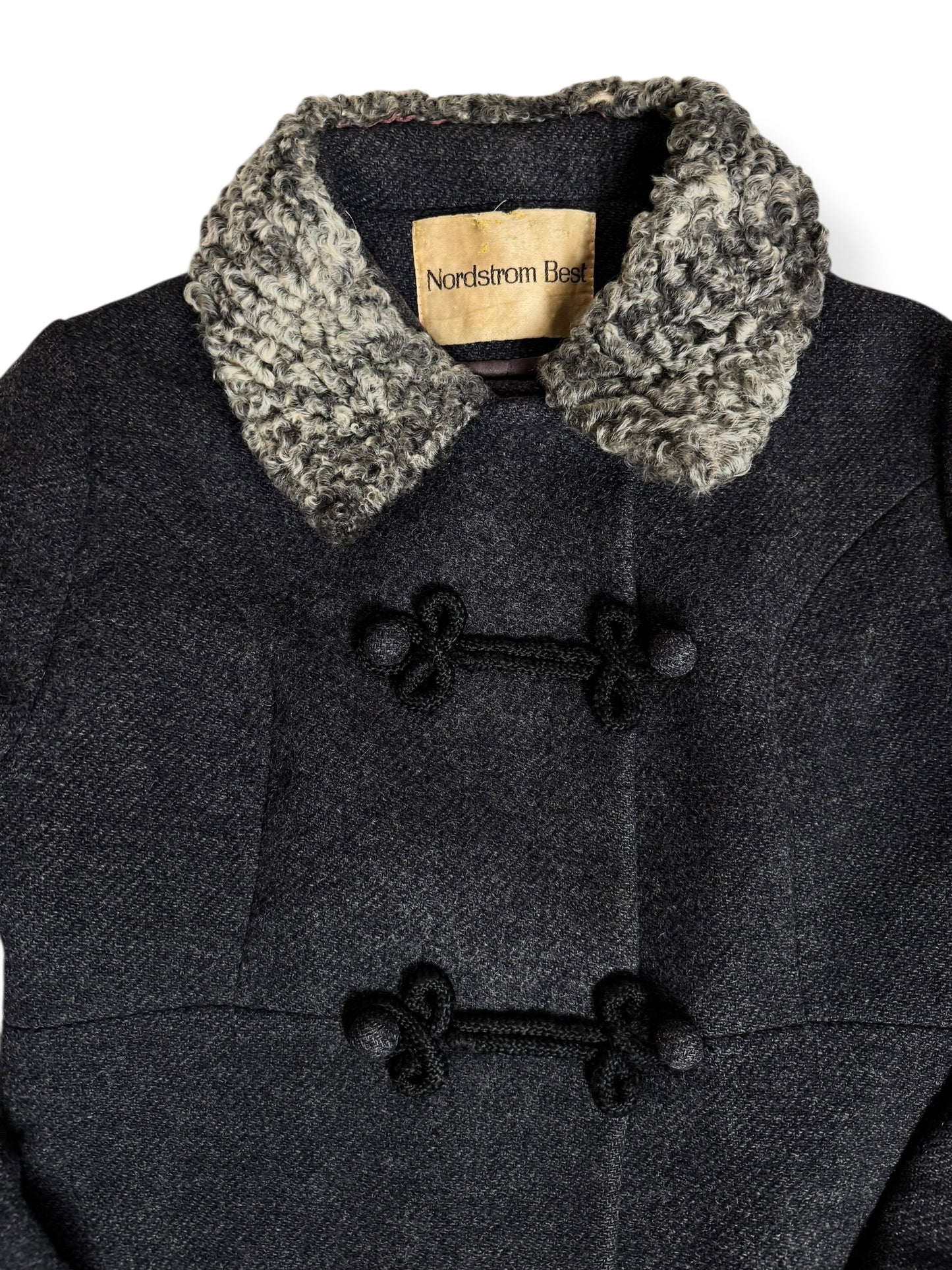 Tag view of 1960s Nordstrom's Wool and Lamb's Fur Coat M-L