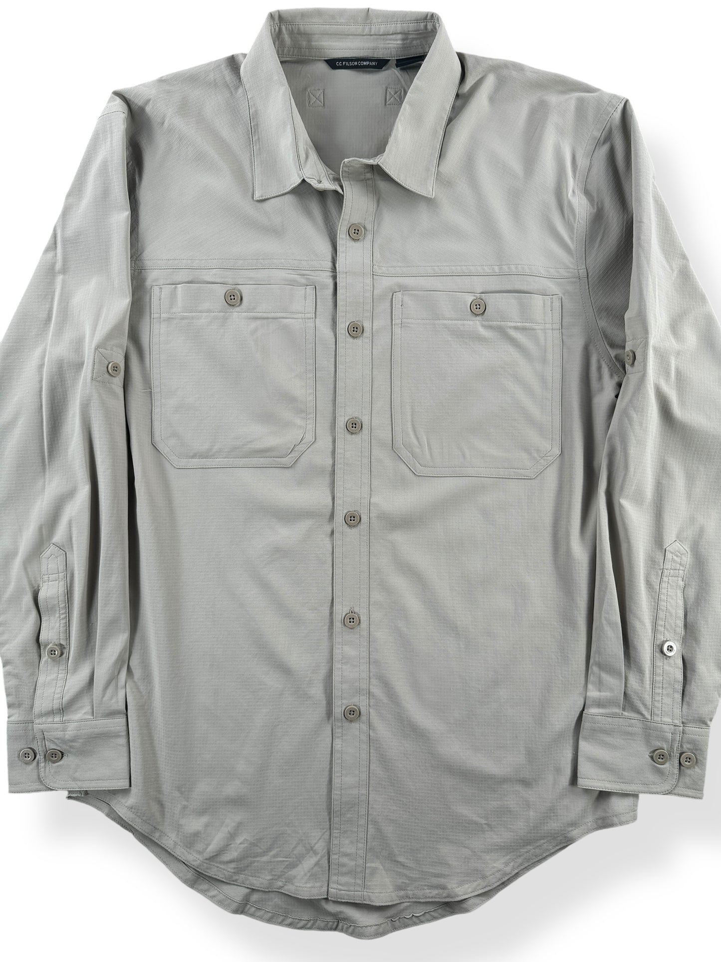 Front Close Up of CC Filson Ultralight Sand Bar Long Sleeve Shirt SZ XS