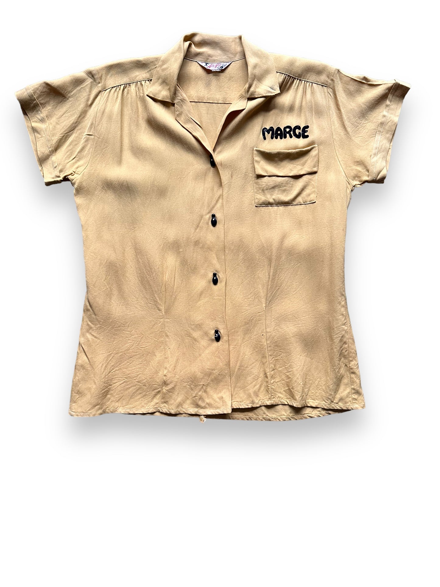 front close up of Vintage Alaska National Bank Rayon Ladies Bowling Shirt SZ S | Vintage Bowling Shirt Seattle | Barn Owl Vintage Seattle