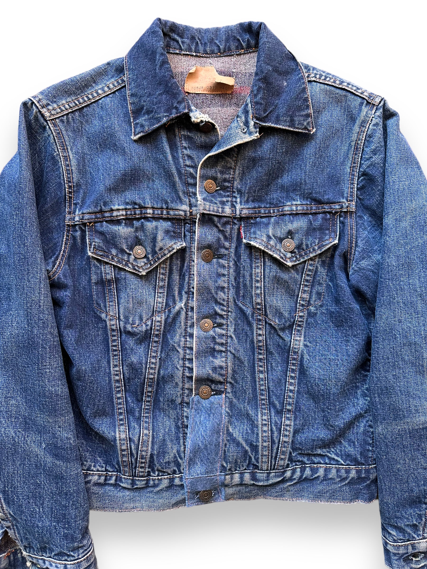 Front Detail on Vintage Levi's Big E Blanket Lined 70505 Denim Jacket SZ 40 | Vintage Denim Workwear Seattle | Seattle Vintage Denim