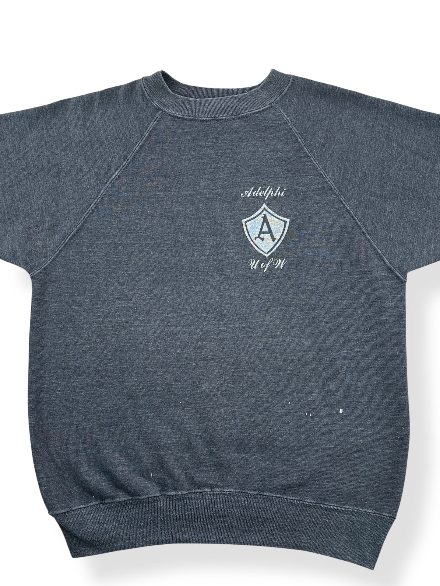 Front Close Up of Vintage Black Adelphi U of W Short Sleeve Crewneck SZ S