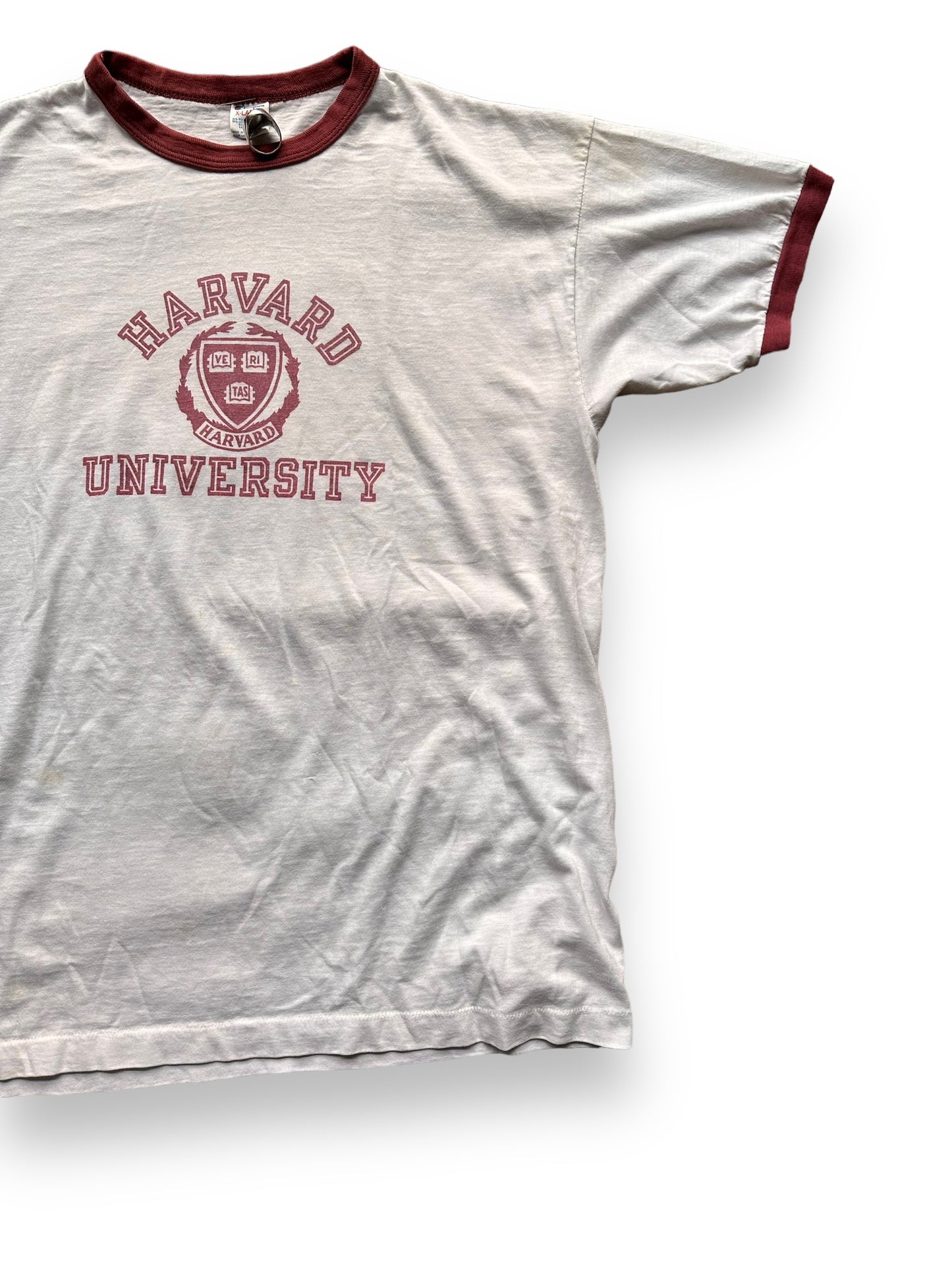 Front Left View of Vintage Champion Harvard University Ringer Tee SZ XL | Vintage Ivy League Tee Seattle | Barn Owl Vintage Seattle