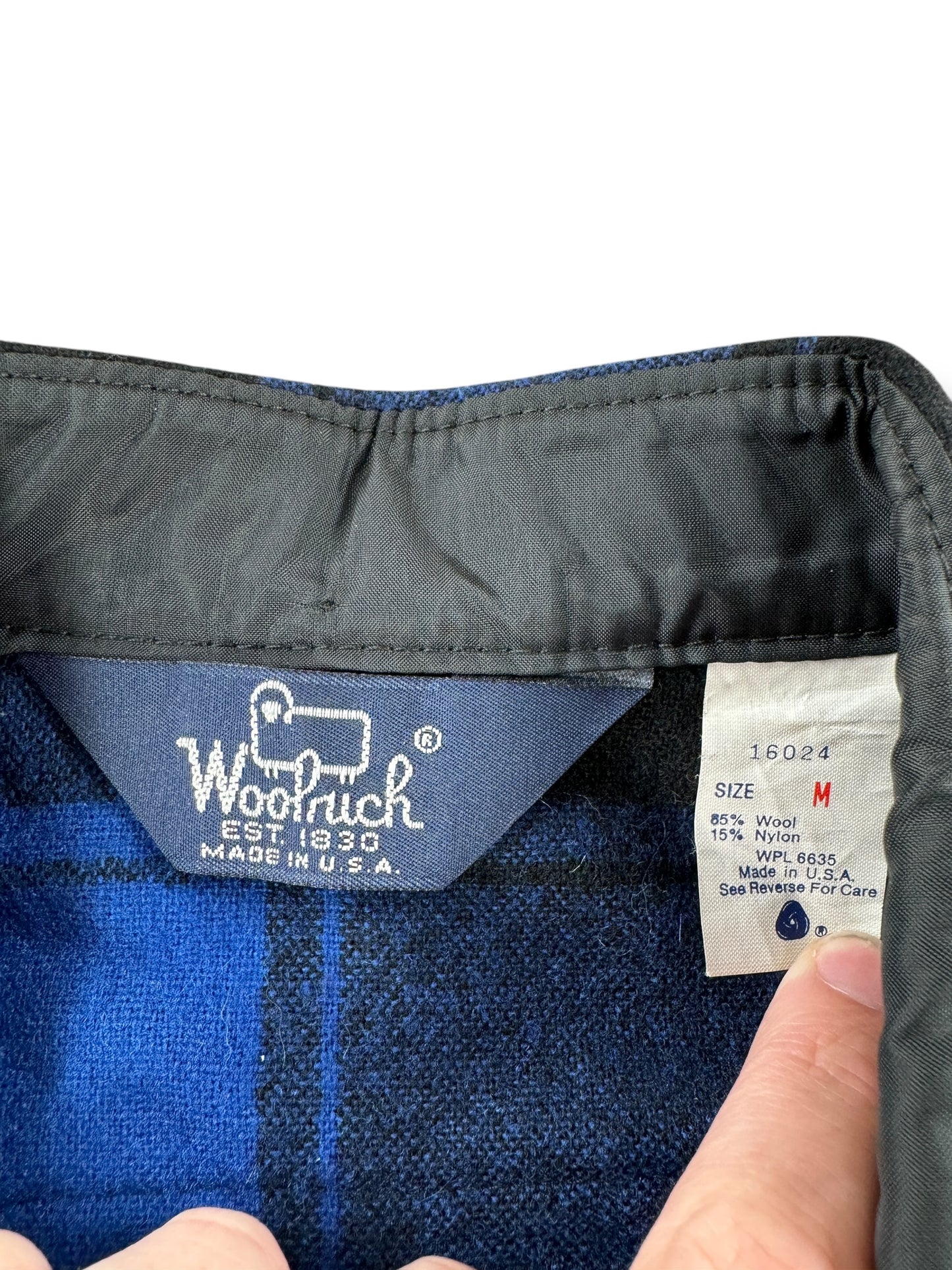 Tag on Vintage Woolrich Blue and Black Wool Blend Flannel SZ M