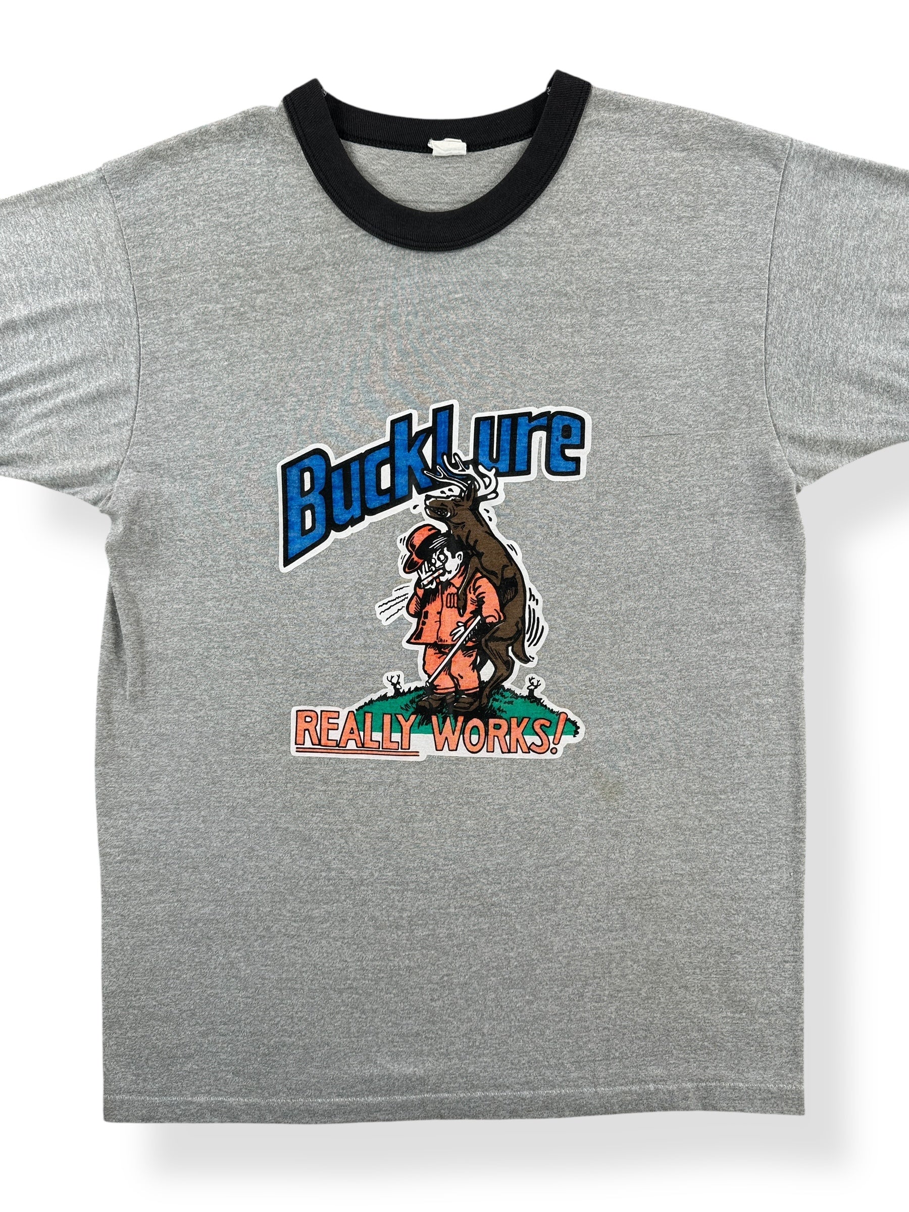 Front Close Up of Vintage Bucklure Deer Call Ringer Tee SZ M