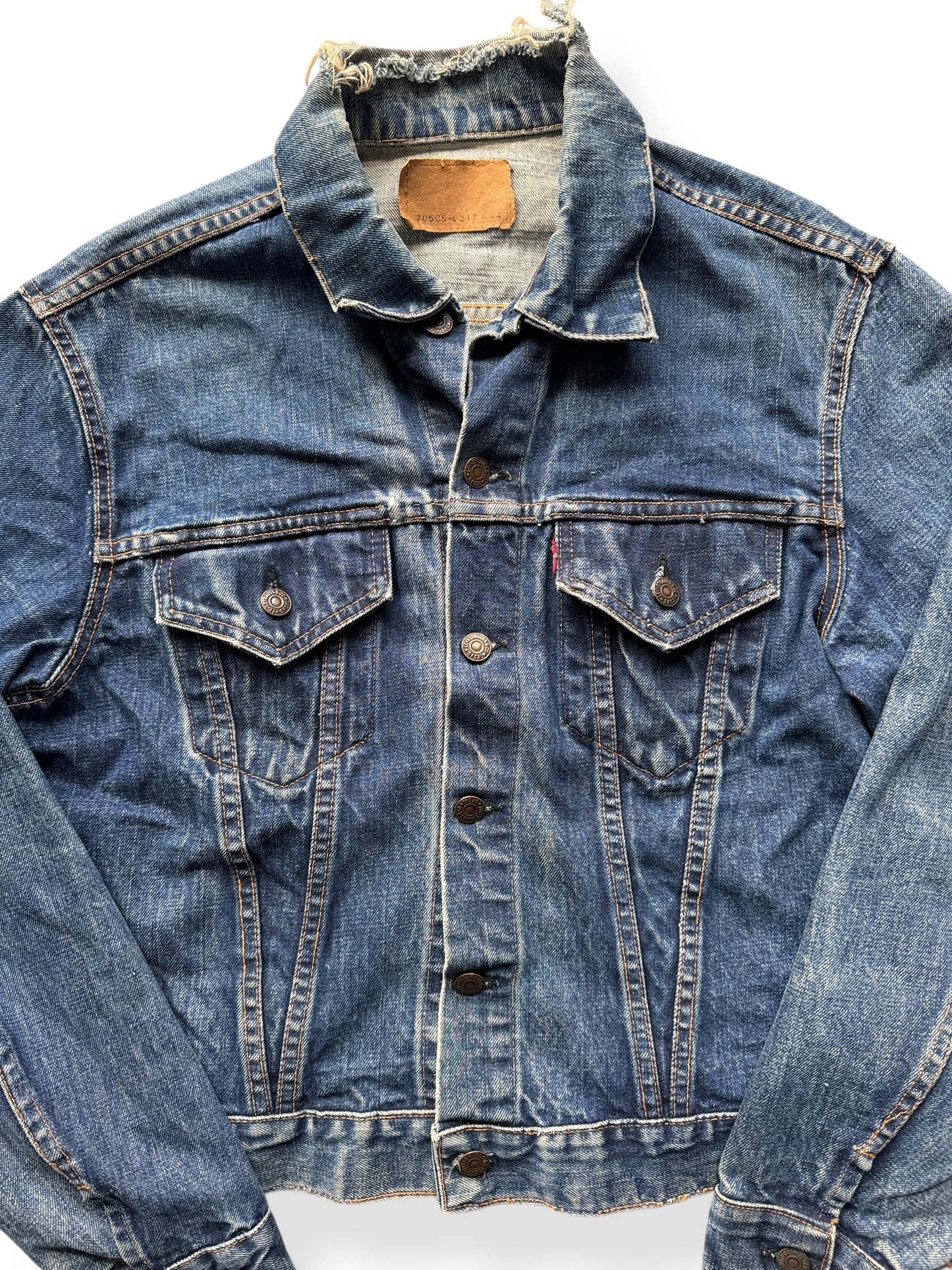 Front Close Up of Vintage Big "E" Levis Type III Denim Trucker Jacket SZ 44 AS IS