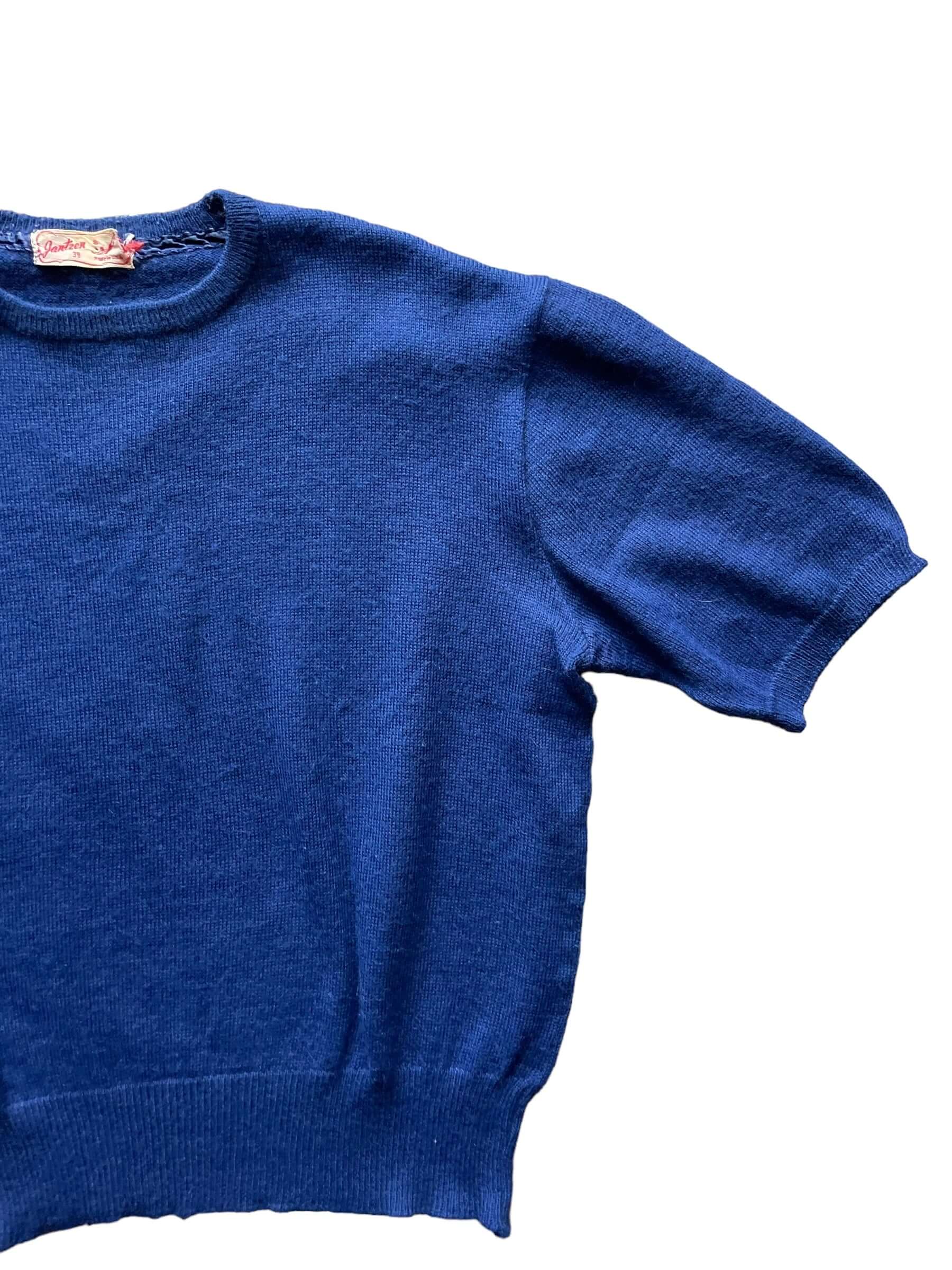 Front left side view of. 1950s Navy Blue Jantzen Short Sleeve Knit Sweater M