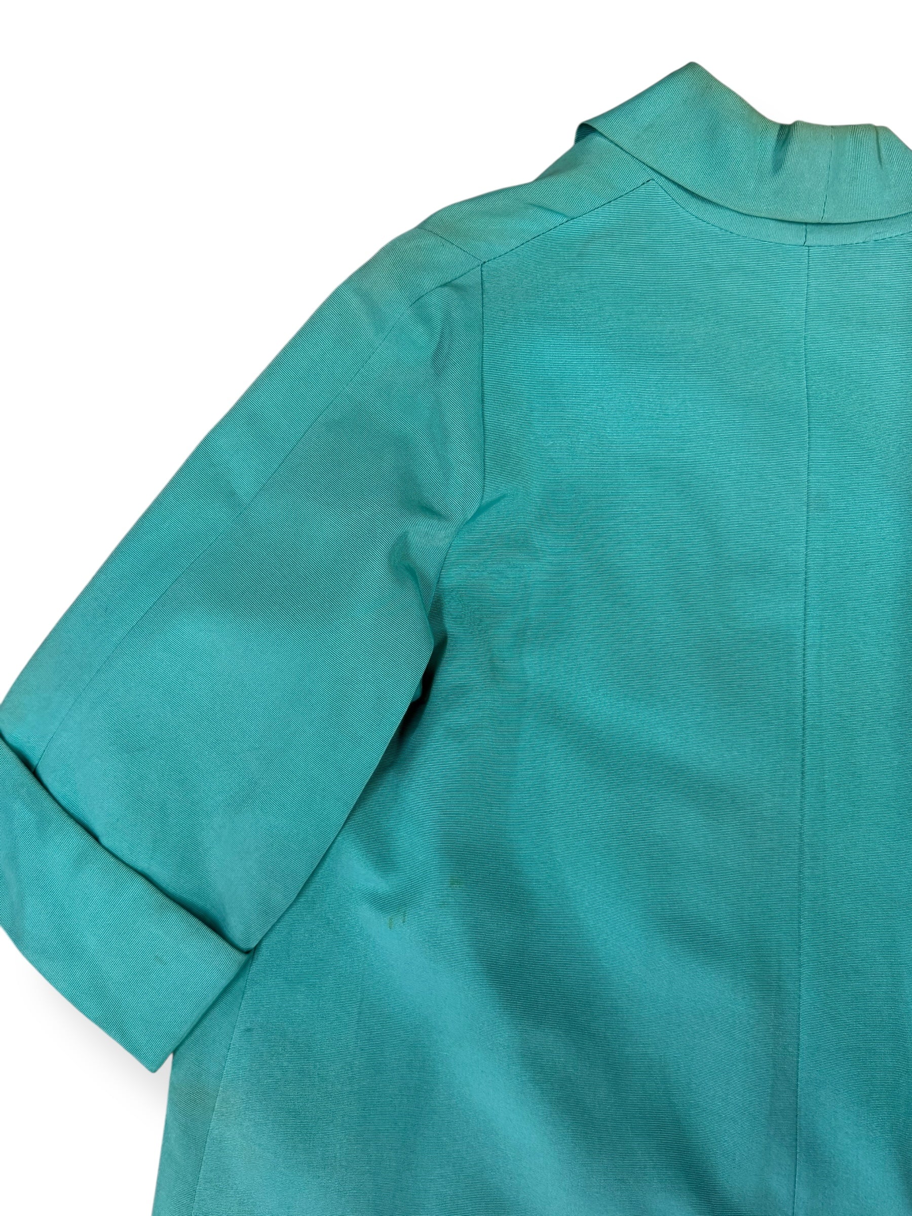 BAck left shoulder view of 1940s Mint Grosgrain Cocktail Coat L-XL
