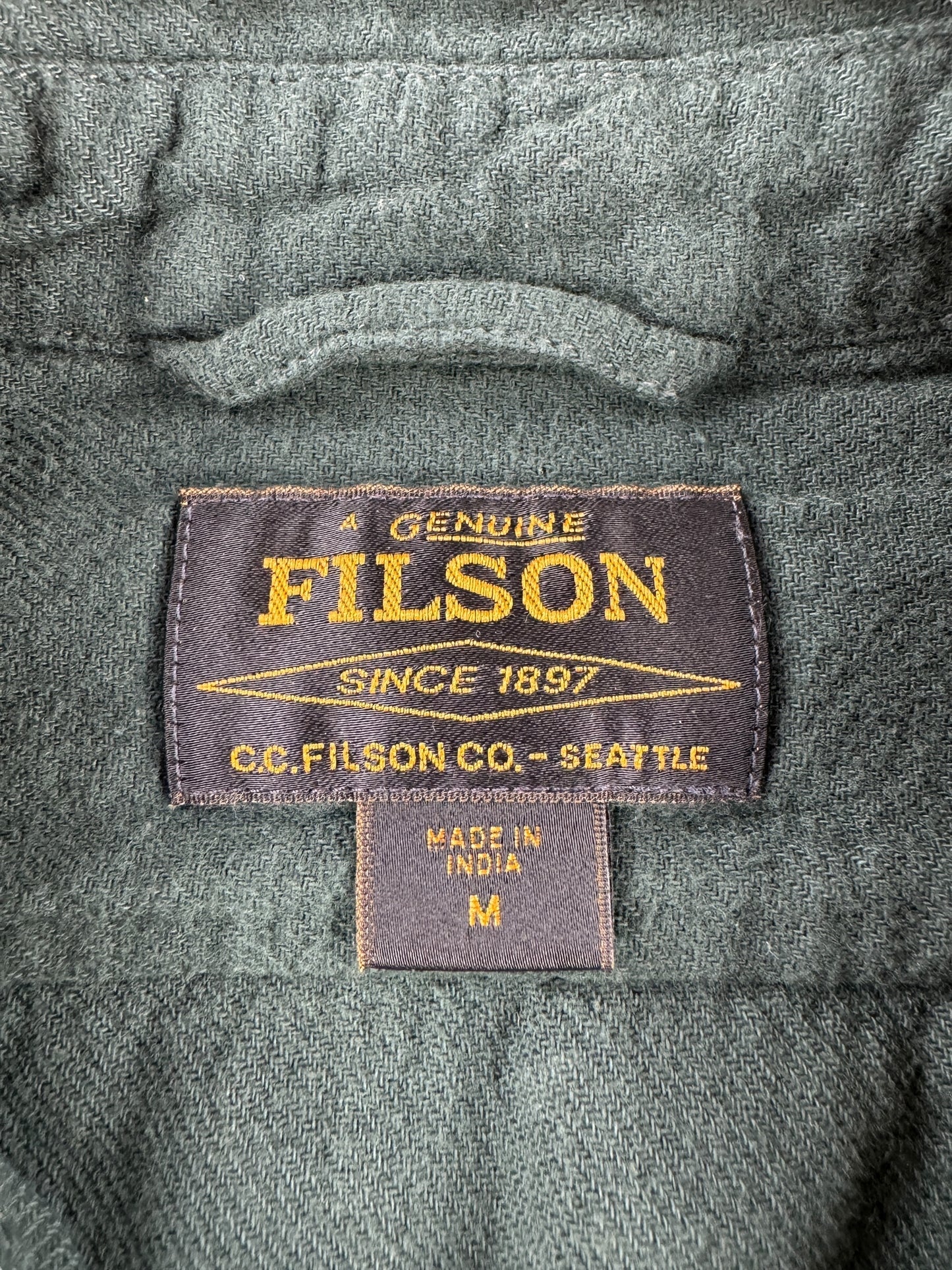 Tag on Filson Forest Green Rangeland Flannel Shirt SZ M