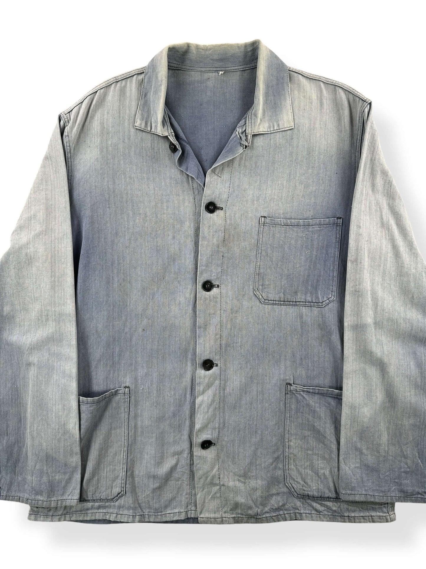 Front Close Up of Vintage Amazingly Sunfaded French Chore Coat SZ L