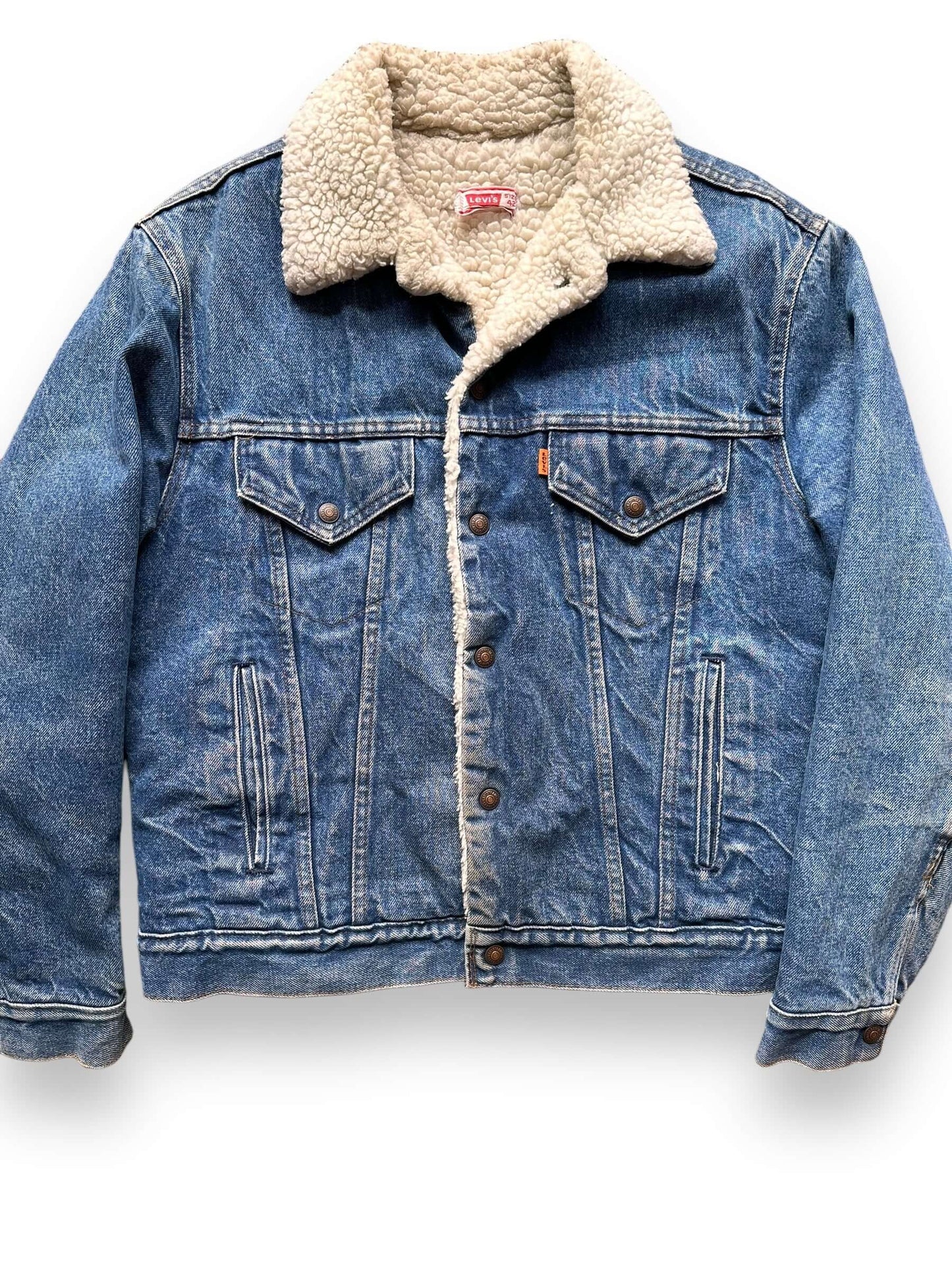 Front Detail of Vintage Levis Orange Tab Sherpa Type III Denim Jacket SZ 42 | Vintage Denim Workwear Seattle