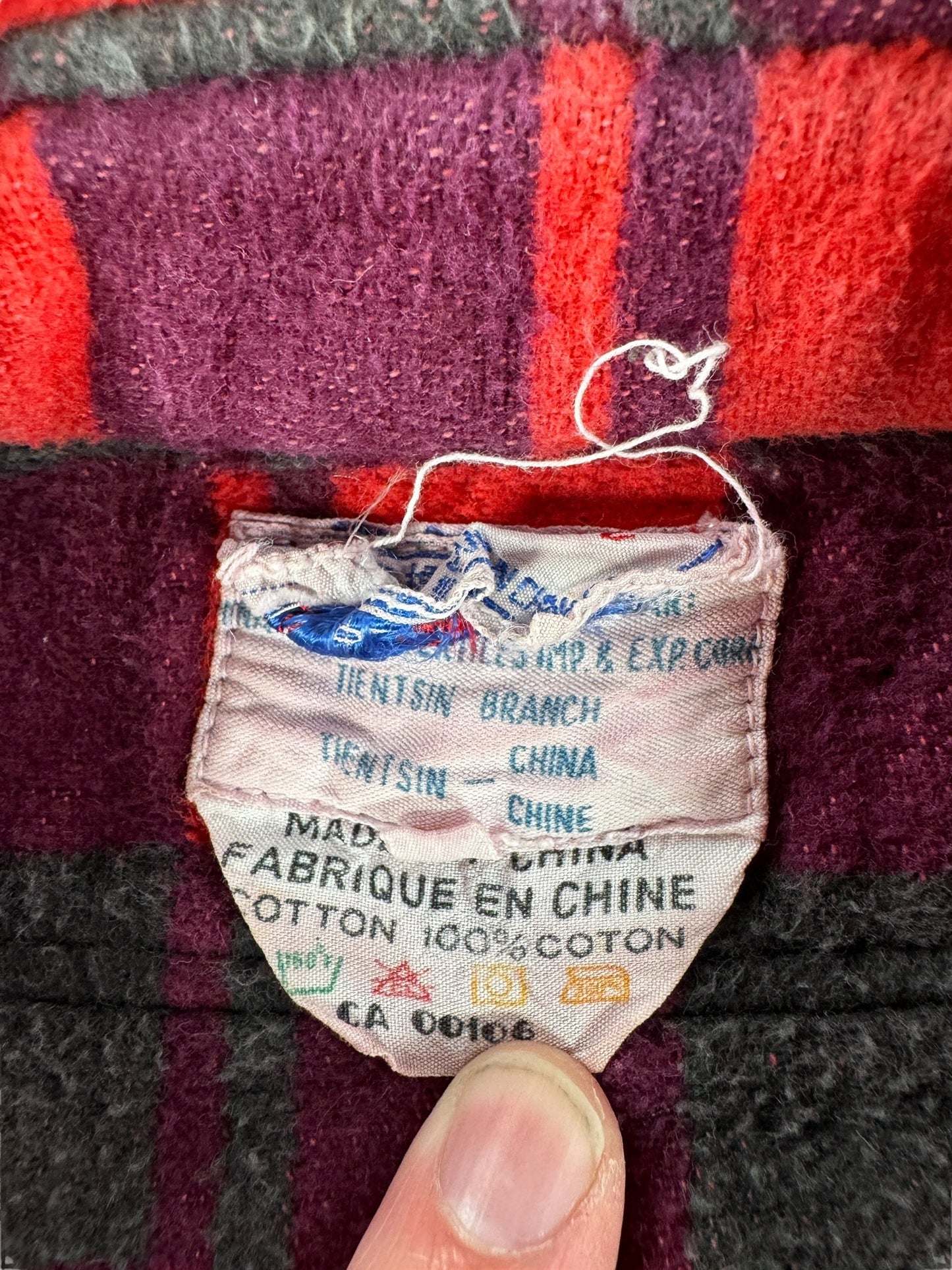 Tag on Vintage Champion Red and Black Cotton Camp Blanket Flannel SZ M AS IS