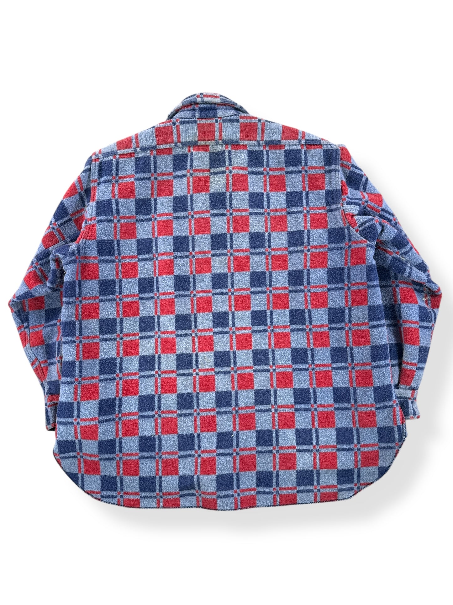 Back of Vintage Red & Blue Champion Cotton Camp Blanket Flannel SZ M