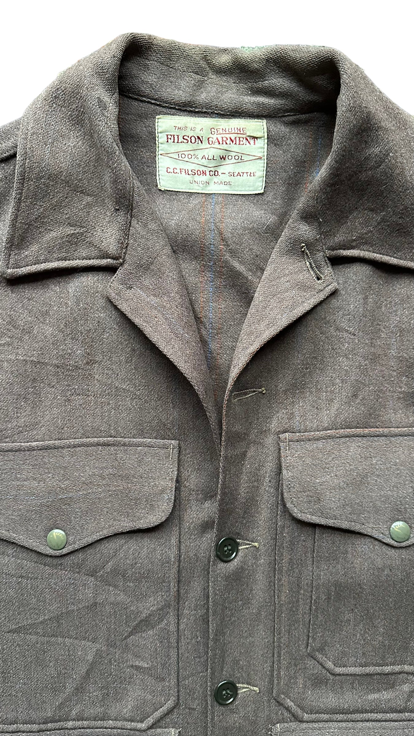 Close Up of Pinstriping on Rare Vintage Filson Pin Striped Union Made Cruiser Coat SZ 44 | Vintage Rare Filson Cruiser | Vintage Workwear Seattle