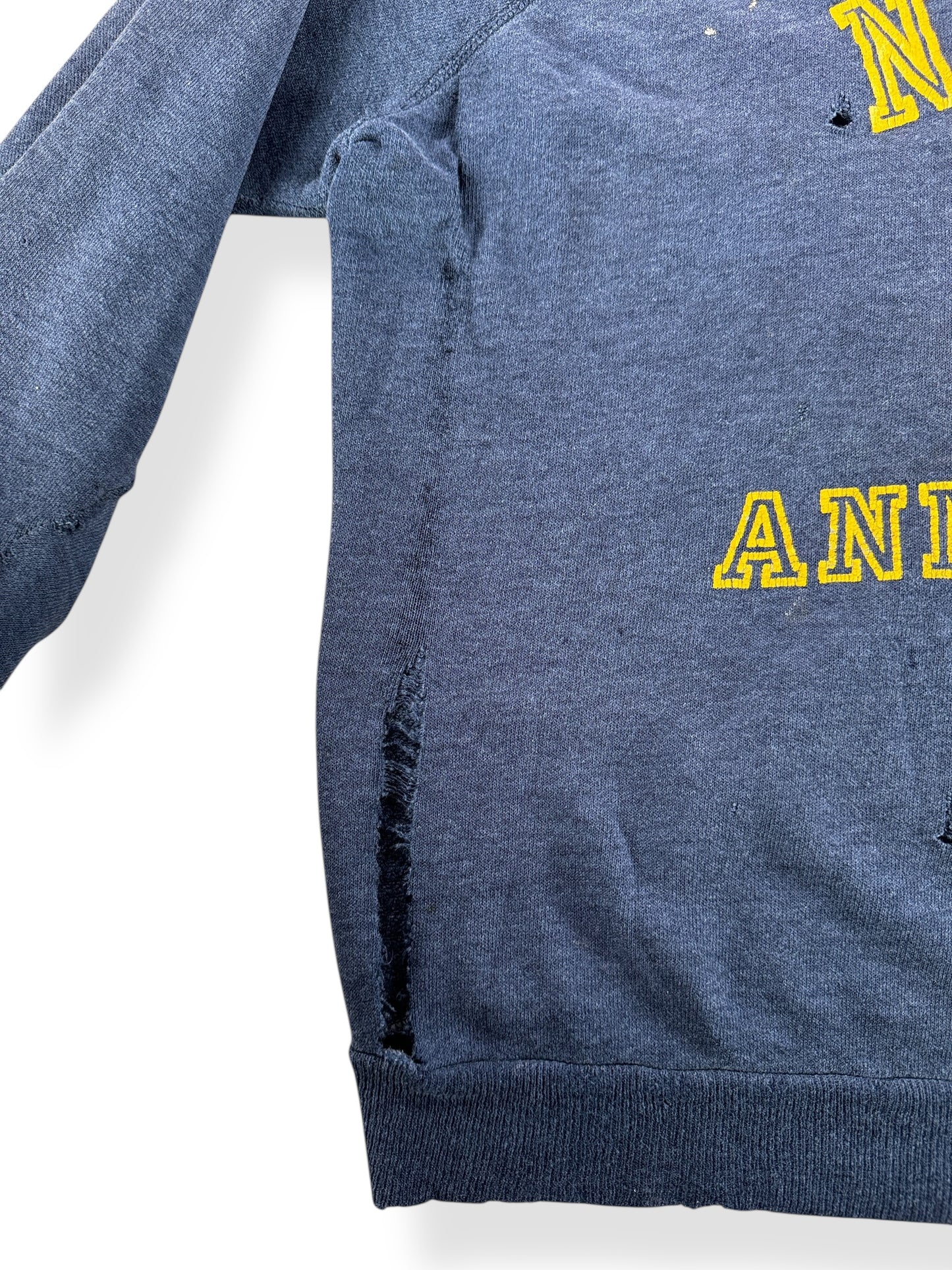 Tear on Right Side of Vintage Chopped Up Navy Annapolis Sweatshirt SZ L