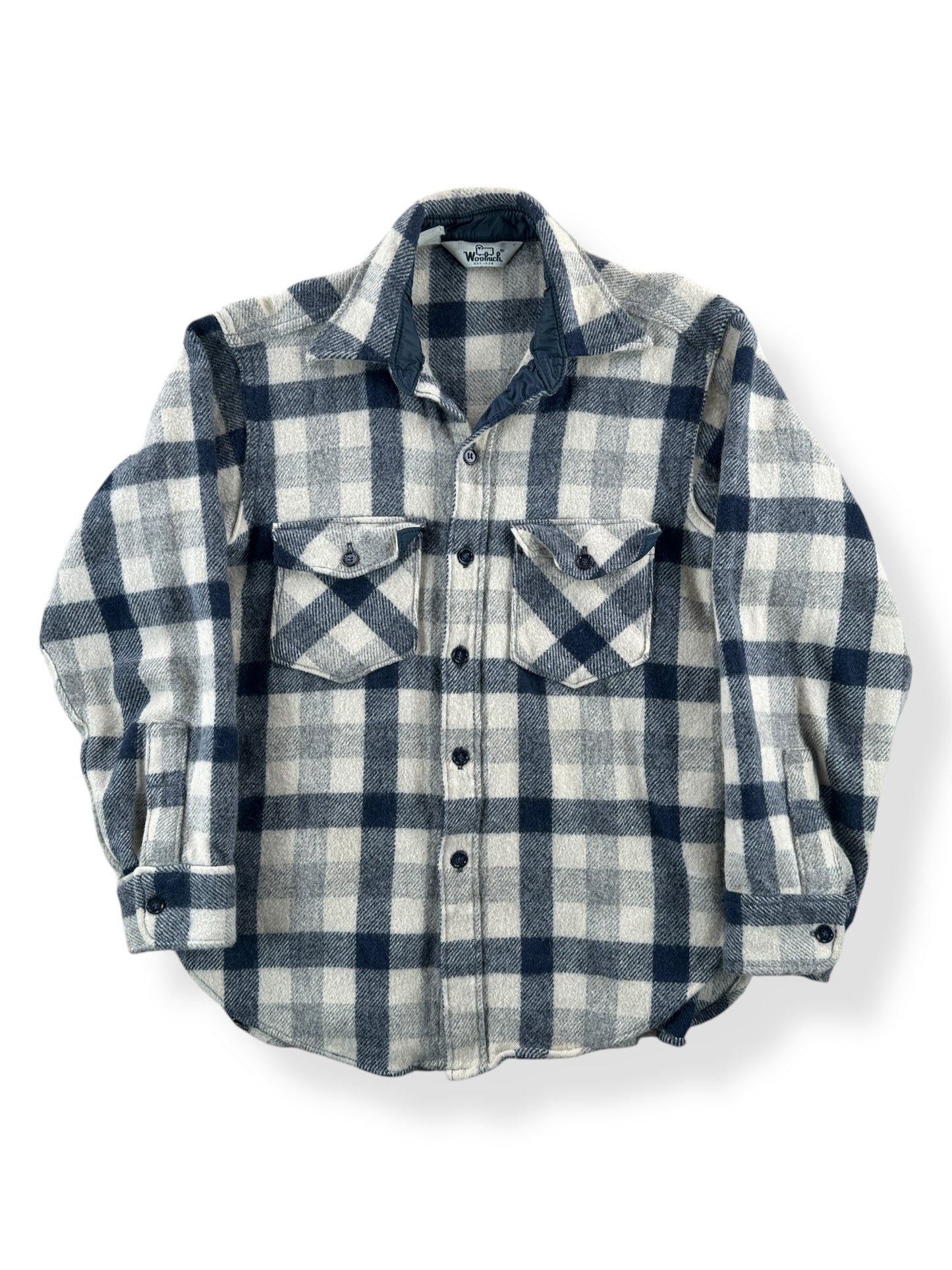 Front of Vintage Woolrich White and Blue Plaid Wool Flannel SZ M