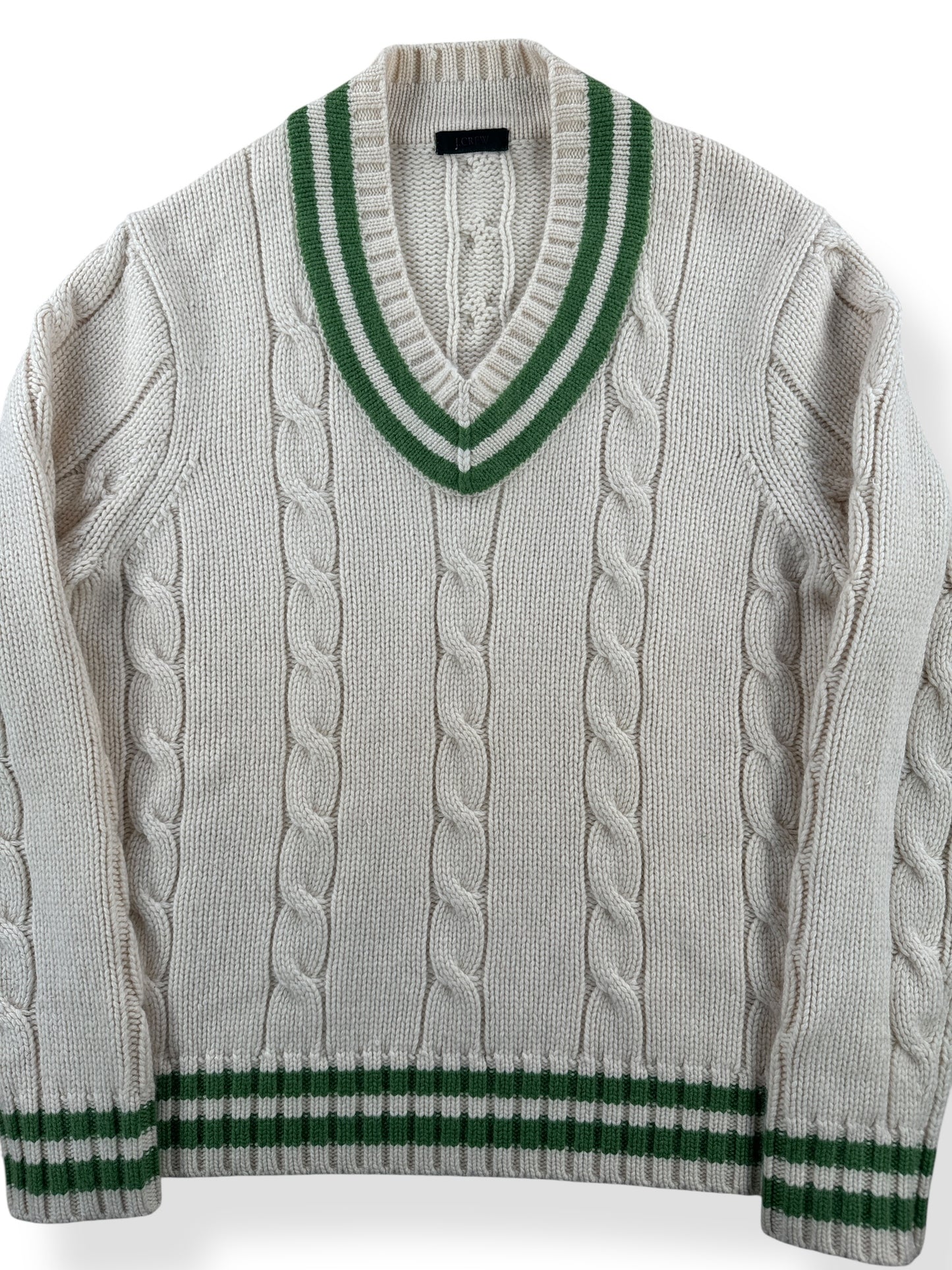 Front Close Up of Vintage J Crew Cream Cashmere Cable Knit Sweater SZ M