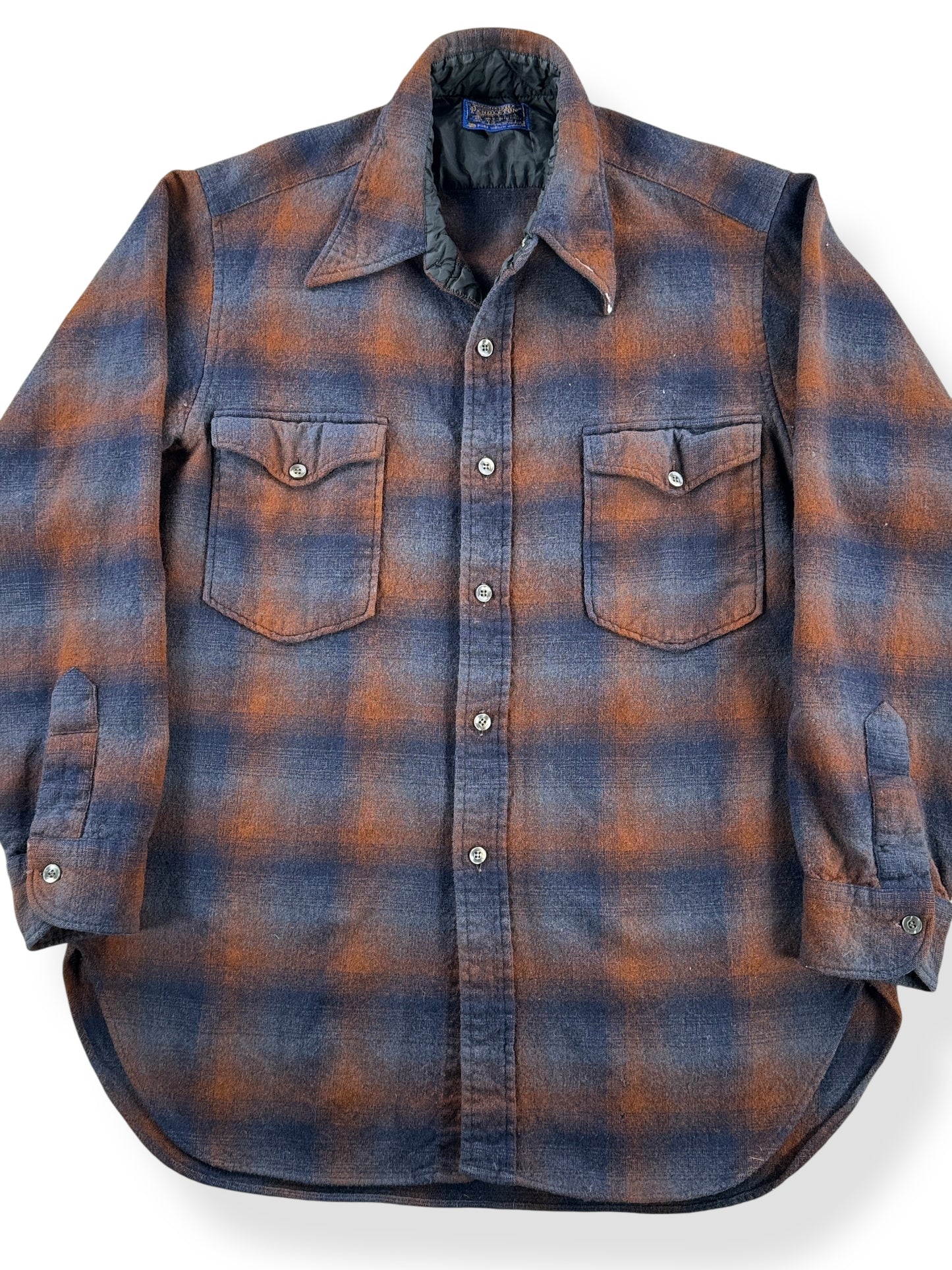 Front Close Up of Vintage Orange and Navy Pendleton Flannel SZ M