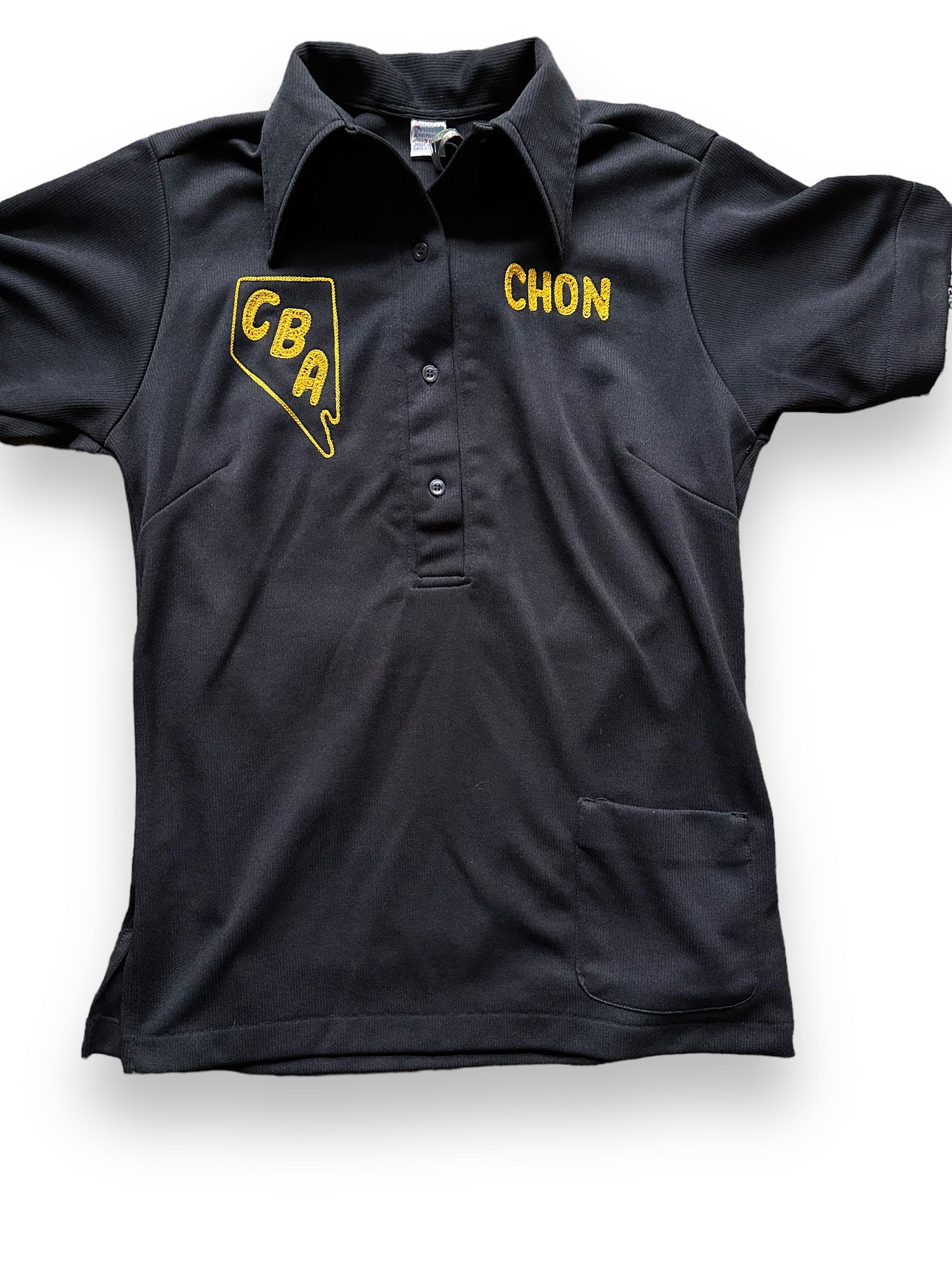 front close up of Vintage Chon Madderra Polyester Bowling Shirt SZ 36 | Vintage Bowling Shirt Seattle | Barn Owl Vintage Seattle