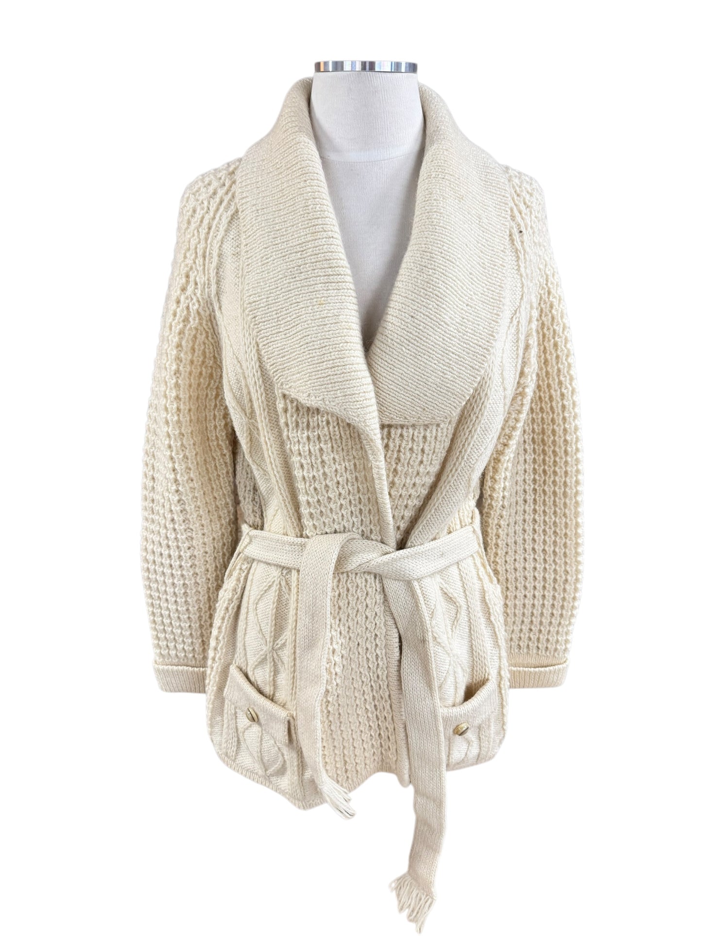 Front view of 1970s Gaeltarra Aran Wool Cardigan Sweater L