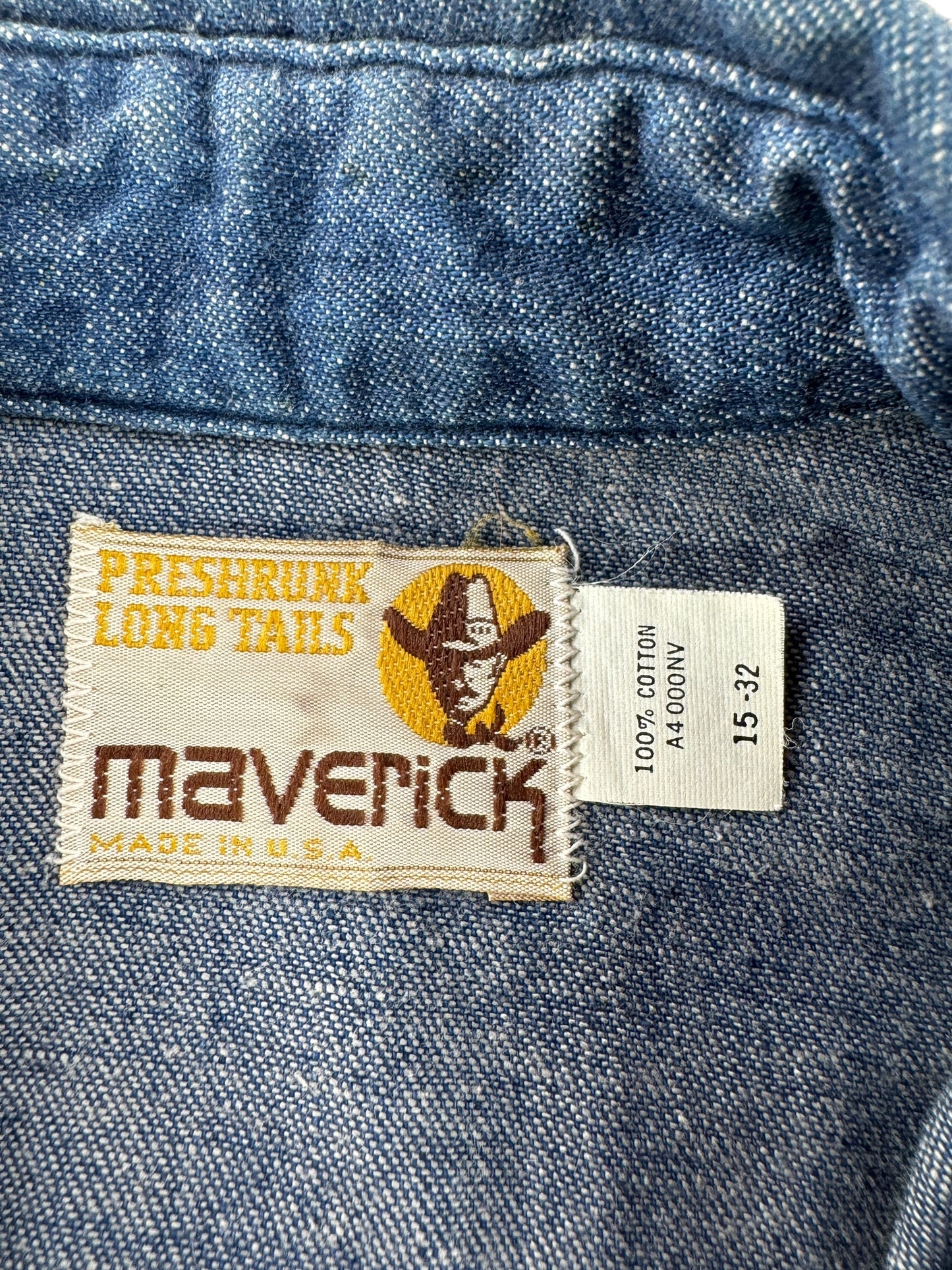 Tags on Vintage Maverick Dark Blue Denim Pearl Snap SZ M
