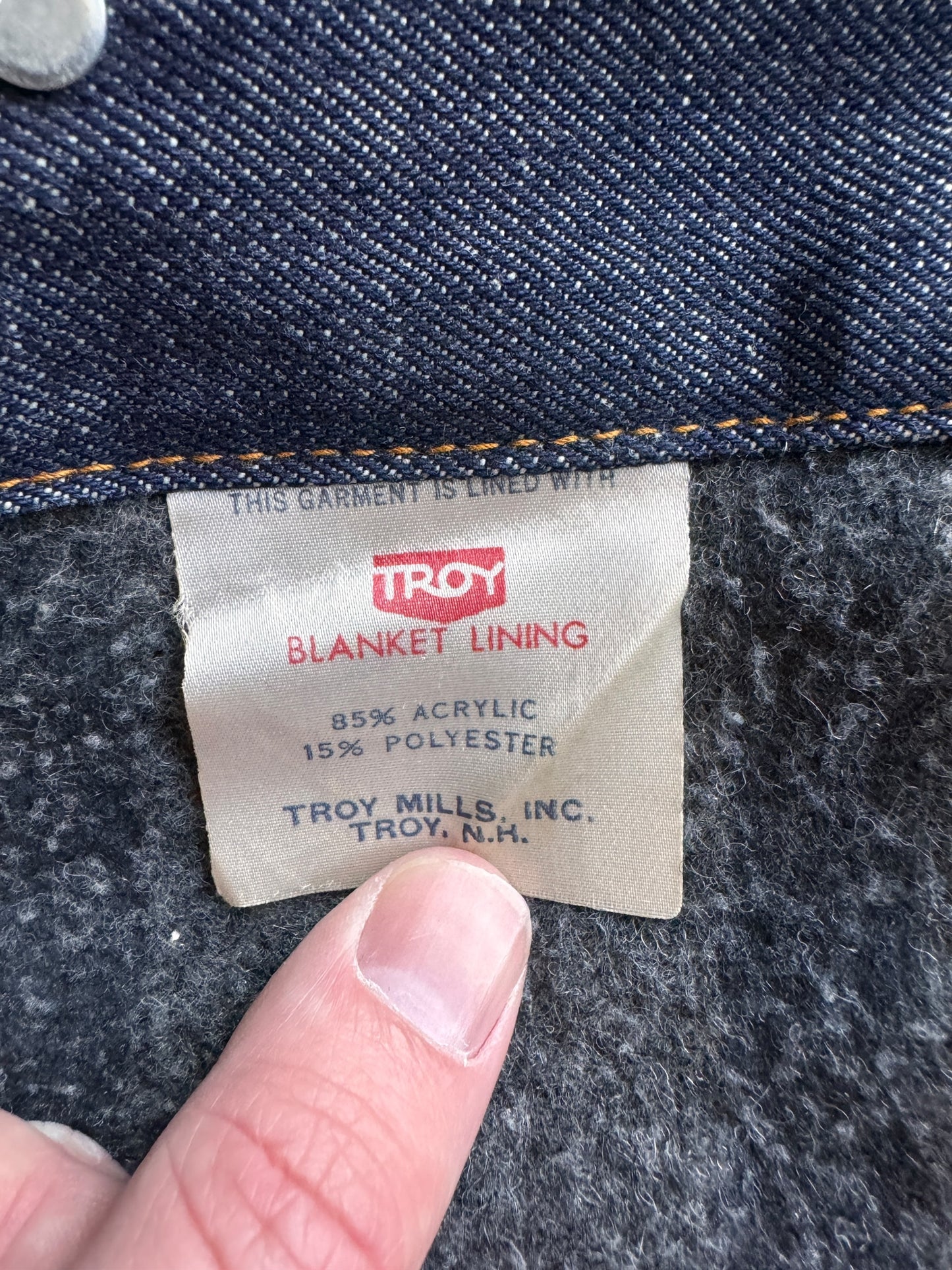 Troy Tag on Vintage NWOT Troy Blanket Lined Levis Type III Trucker SZ 36