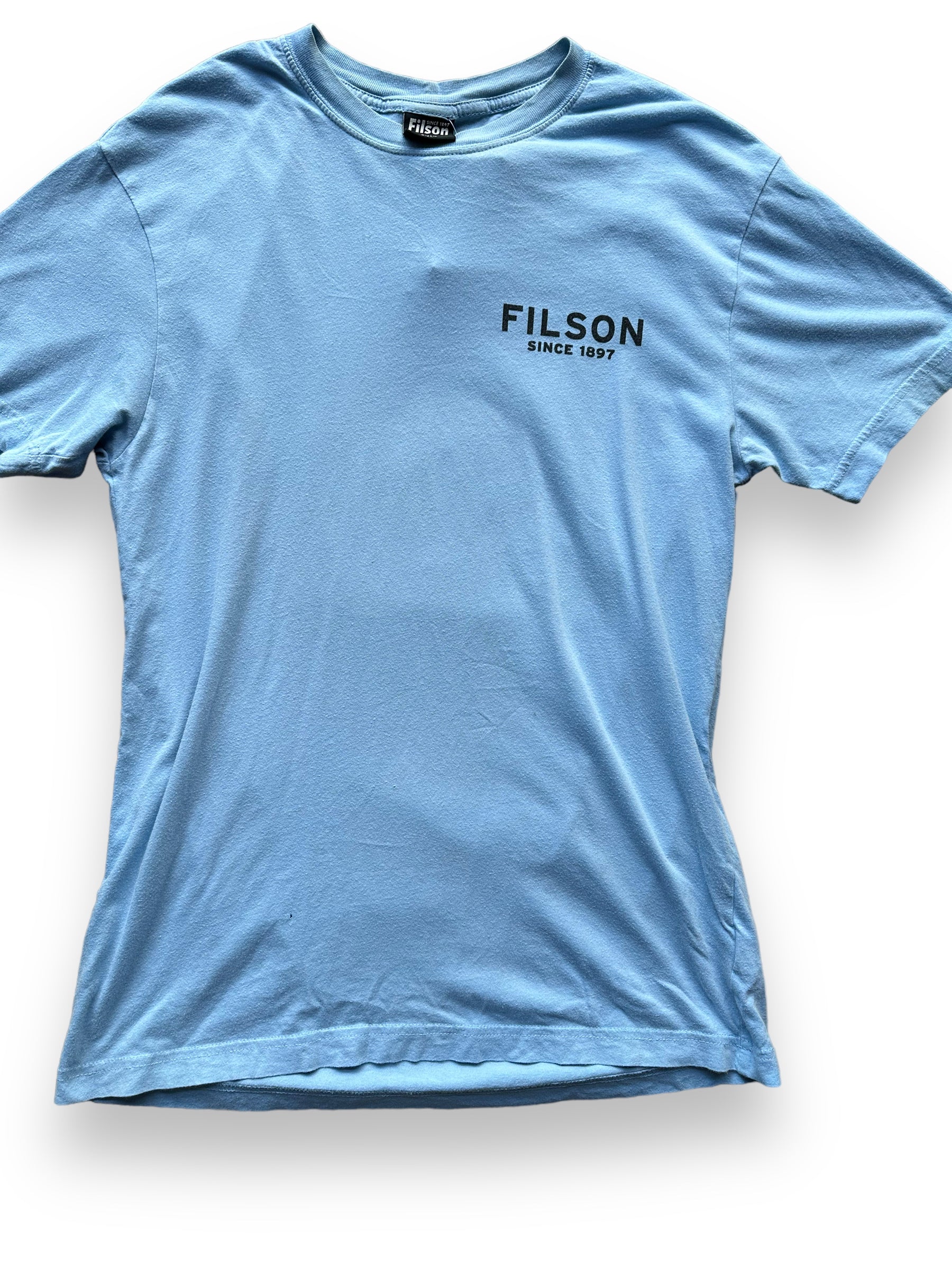 Front Detail on Light Blue Filson Eagle Graphic Tee SZ XS |  Barn Owl Vintage Goods | Vintage Filson Workwear Seattle