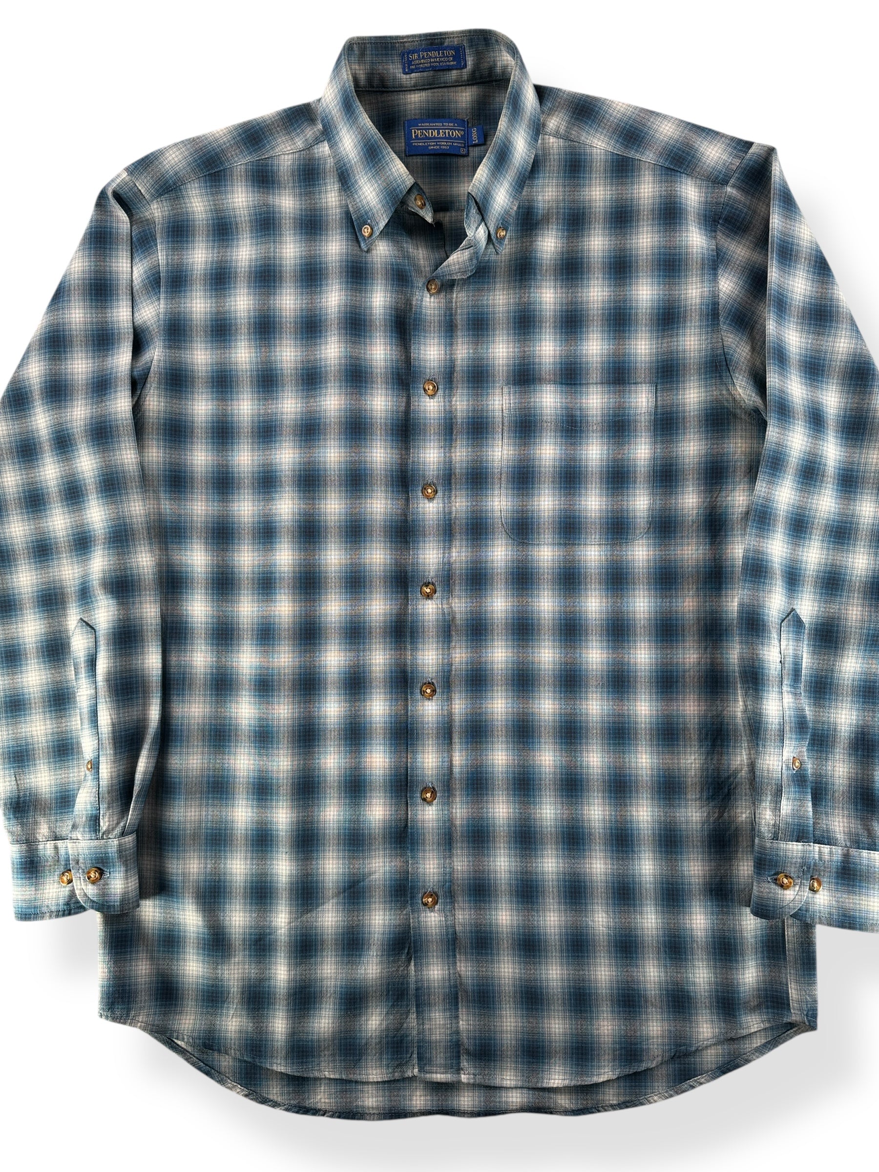 Front Close Up of Modern Pendleton "Sir Pendleton" Shadow Plaid Shirt SZ L Long