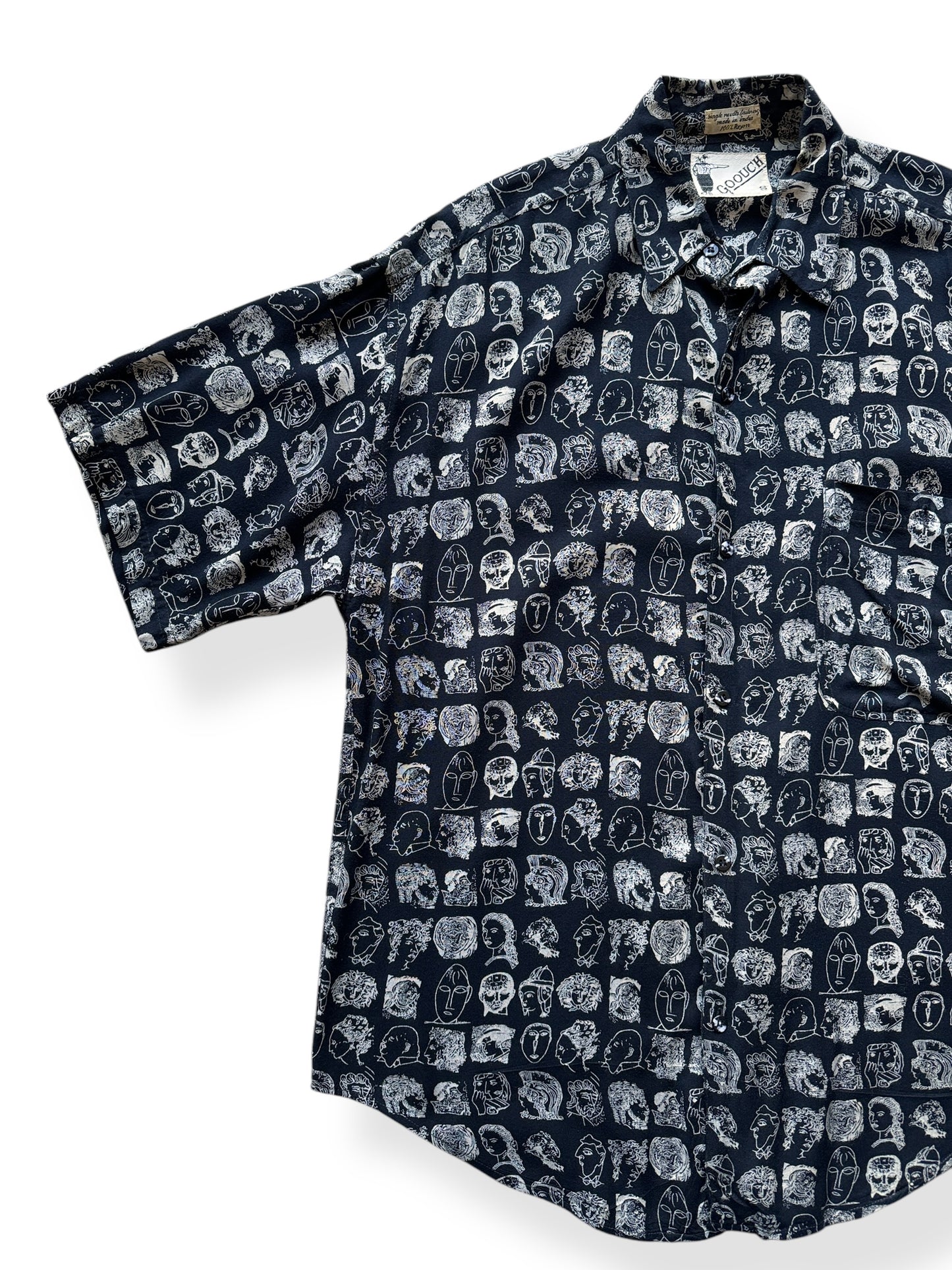 Front Right of Vintage Goouch Rayon Patterned Short Sleeve Shirt SZ S