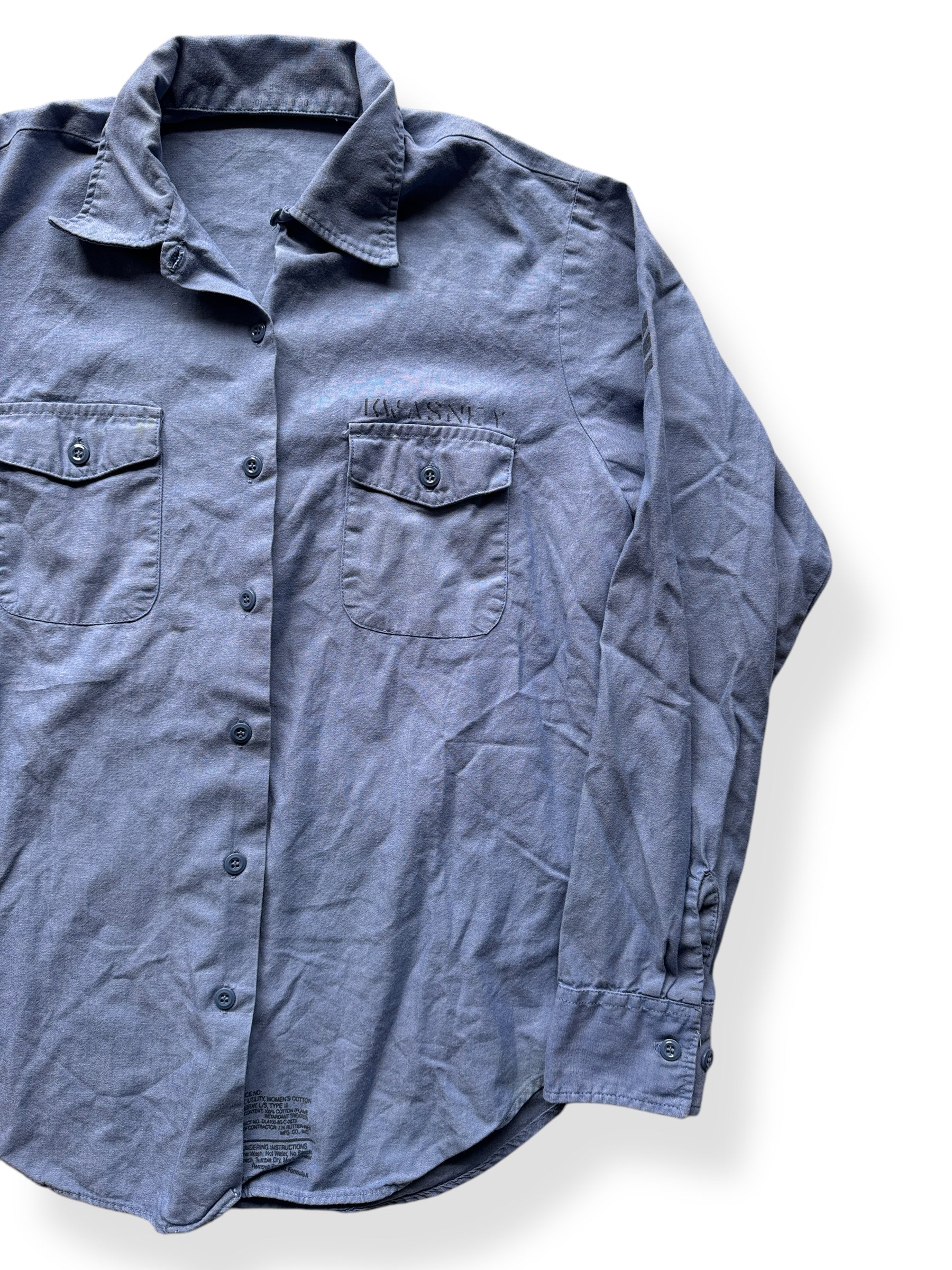 Front Left of Vintage Ladies Stenciled Military Chambray SZ M