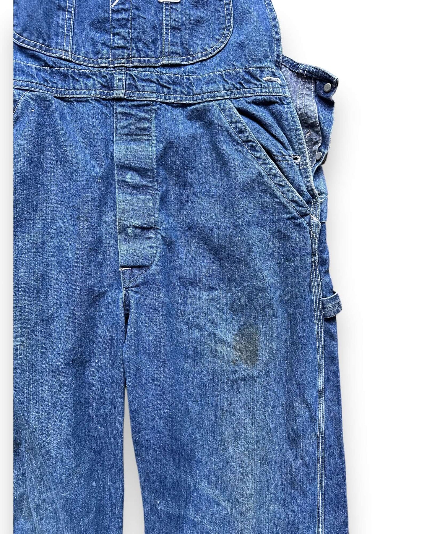 Stains on Left Leg of Vintage 70's Era Lee Farm Repaired Denim Overalls SZ 34 | Vintage Denim Workwear Seattle | Seattle Vintage Denim