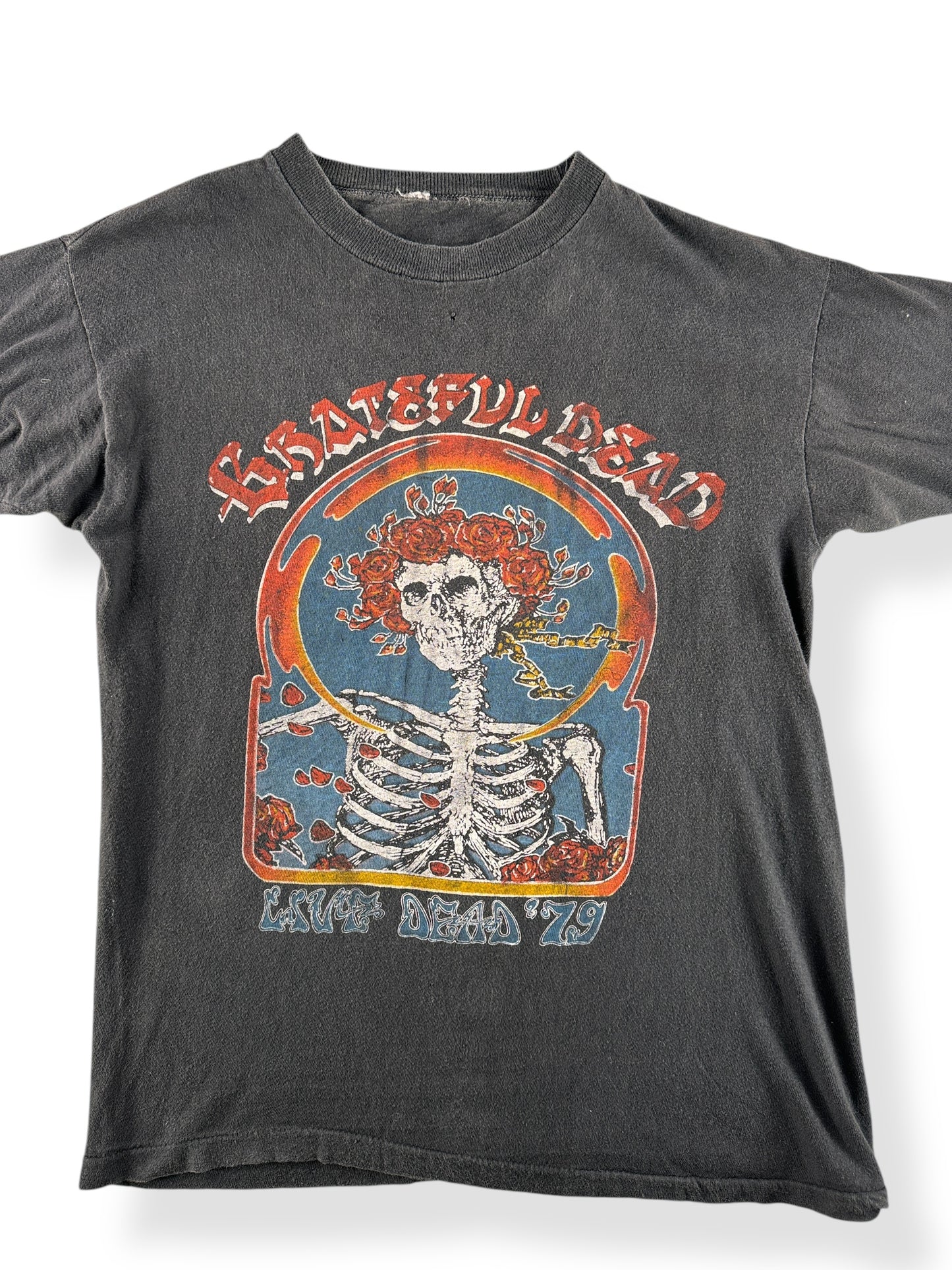 Front Close Up of Vintage Repaired 79 Live Grateful Dead Two Sided Bertha Tee SZ M