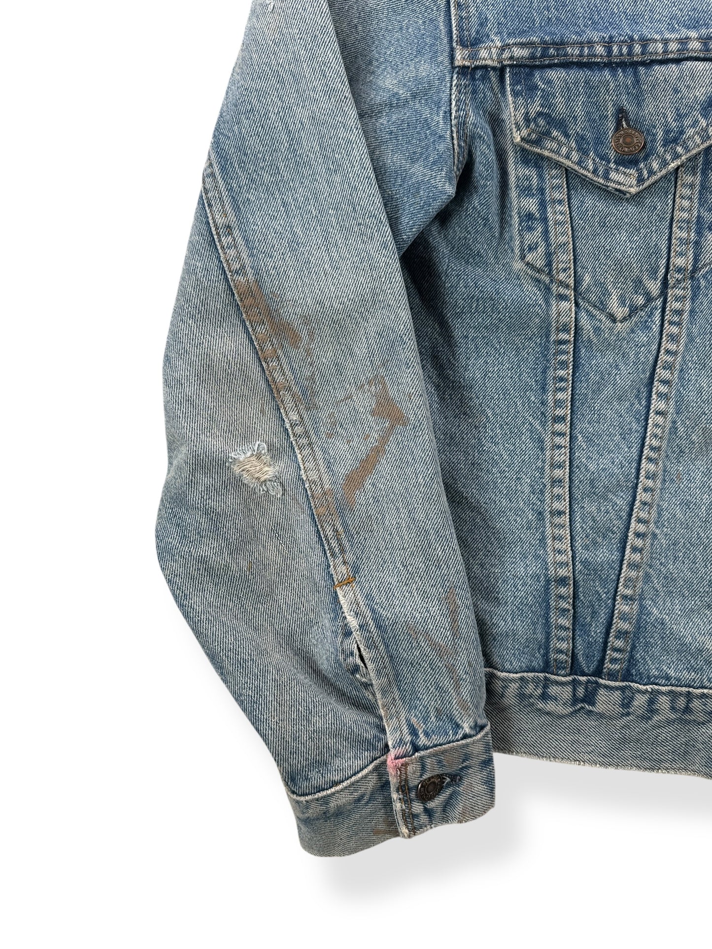 Stained Sleeve on Vintage Light Wash Levis 2 Pocket 70505 Jacket SZ 42