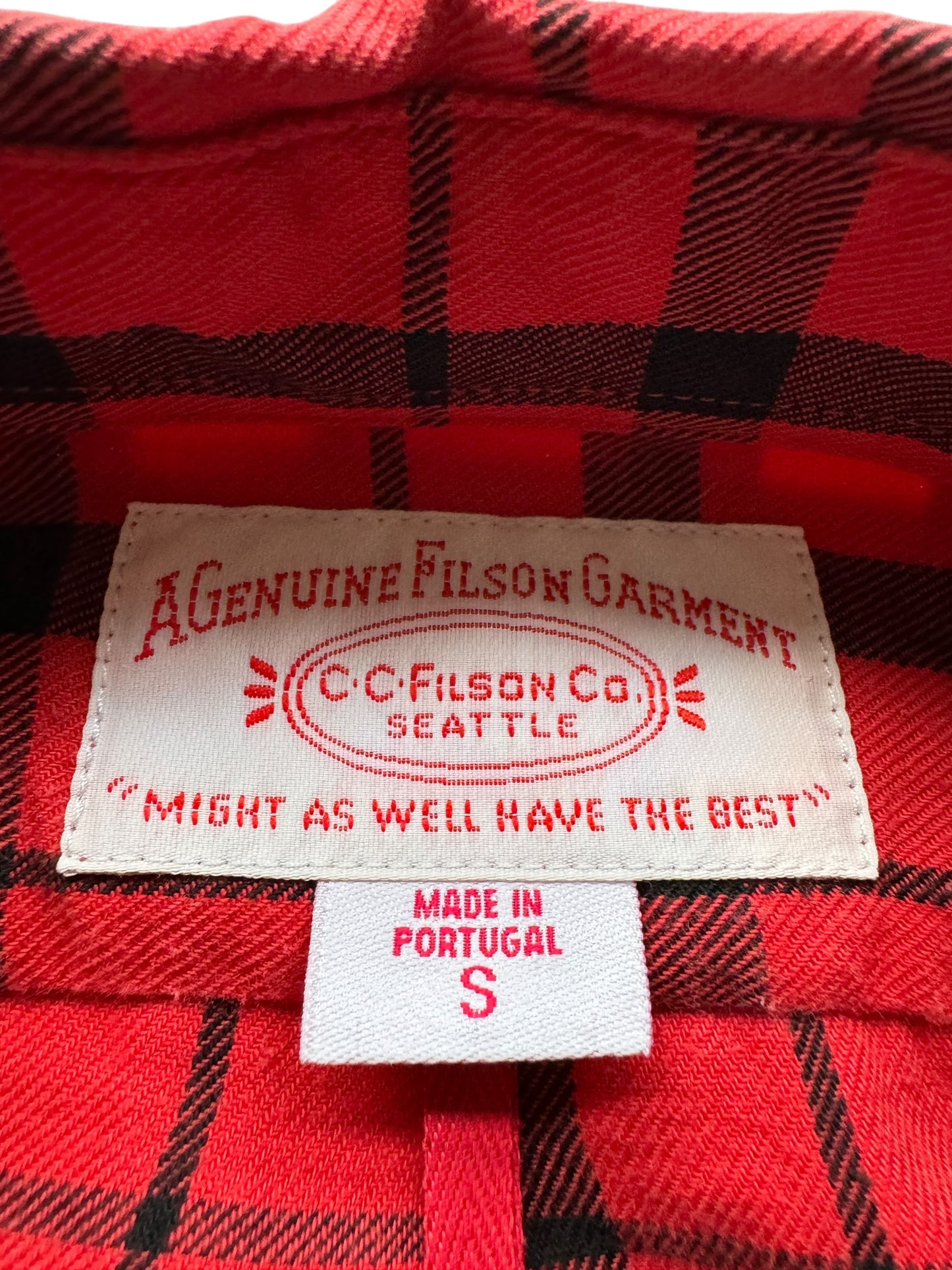 Tag on Filson Lightweight Red & Black Cotton Flannel SZ S