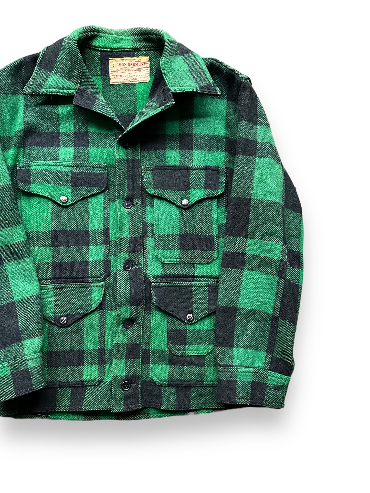 Front Left View of Vintage Union Made Filson Green & Black Mackinaw Coat SZ 44 | Vintage Filson Workwear Seattle | Vintage Clothing Seattle