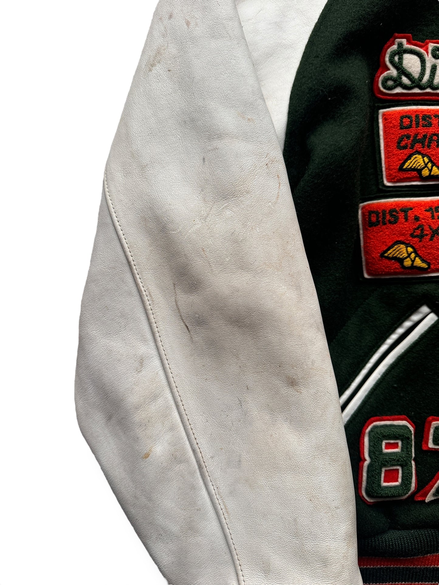 Close Up of Right Sleeve of Vintage 1987 Woodway Varsity Jacket SZ XL