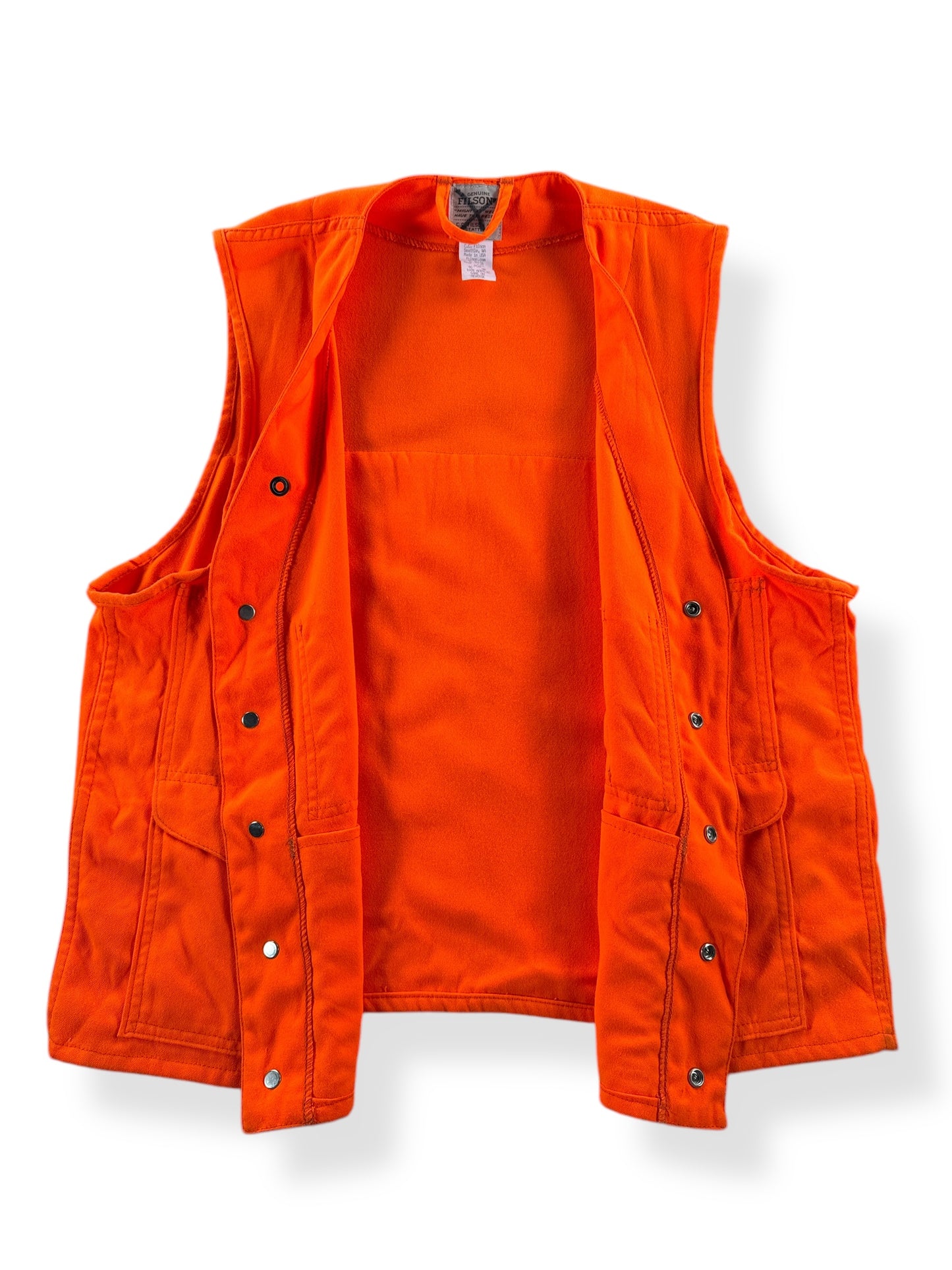 Inside of Modern Filson Style 12 Blaze Orange Vest SZ 40